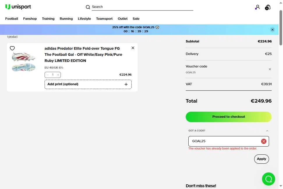 Unisportstore.com checkout page showing Unisportstore.com discount code box | Screenshot taken by SimplyCodes community member on Nov 16, 2025