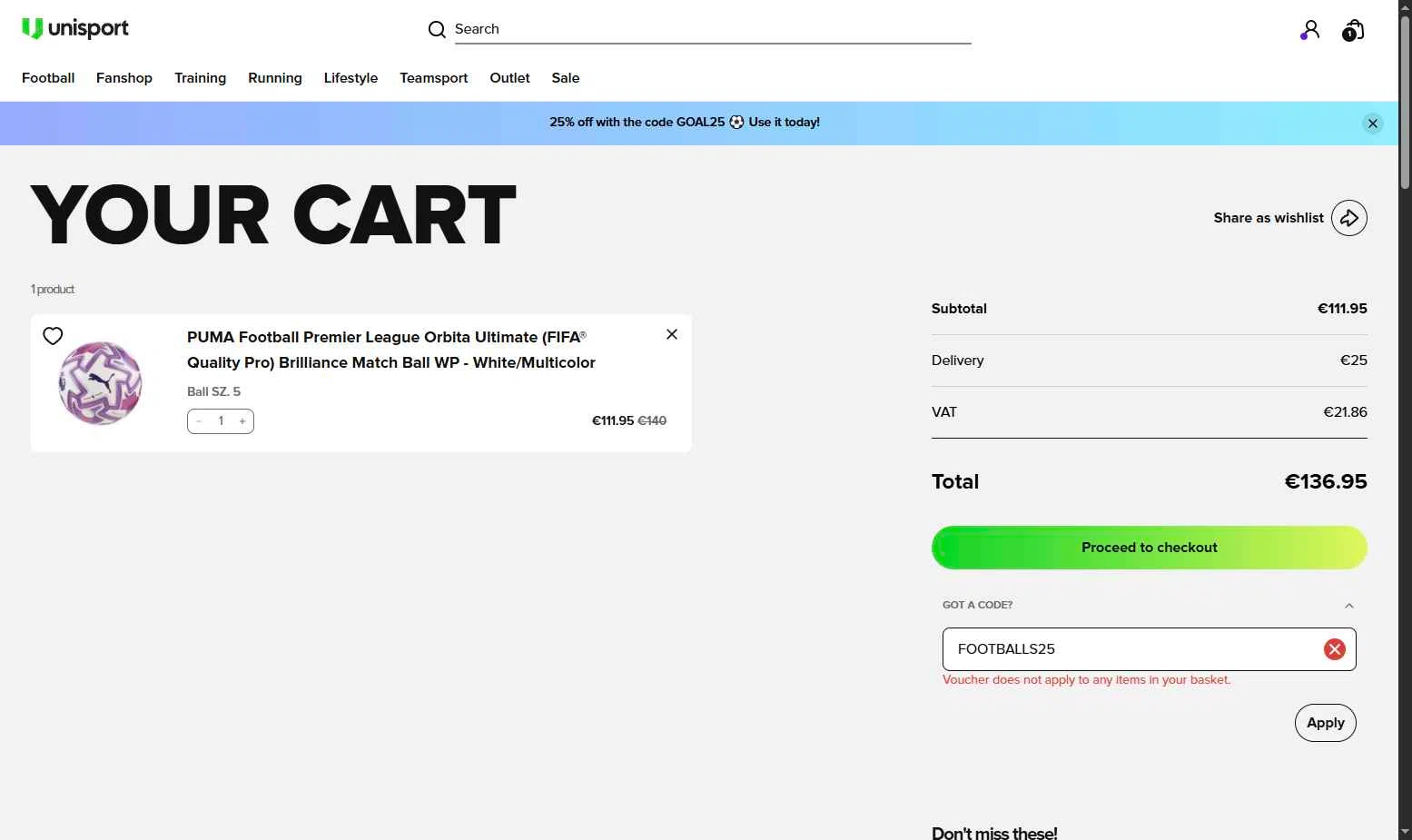 Unisportstore.com checkout page showing Unisportstore.com discount code box | Screenshot taken by SimplyCodes community member on Nov 14, 2025