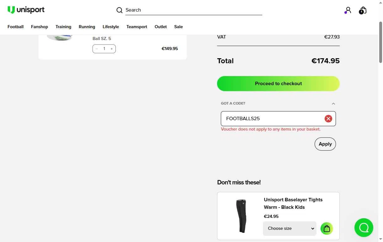 Unisportstore.com checkout page showing Unisportstore.com discount code box | Screenshot taken by SimplyCodes community member on Oct 29, 2025