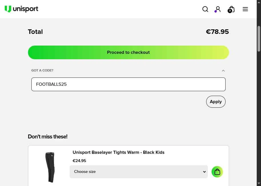 Unisportstore.com checkout page showing Unisportstore.com discount code box | Screenshot taken by SimplyCodes community member on Oct 29, 2025