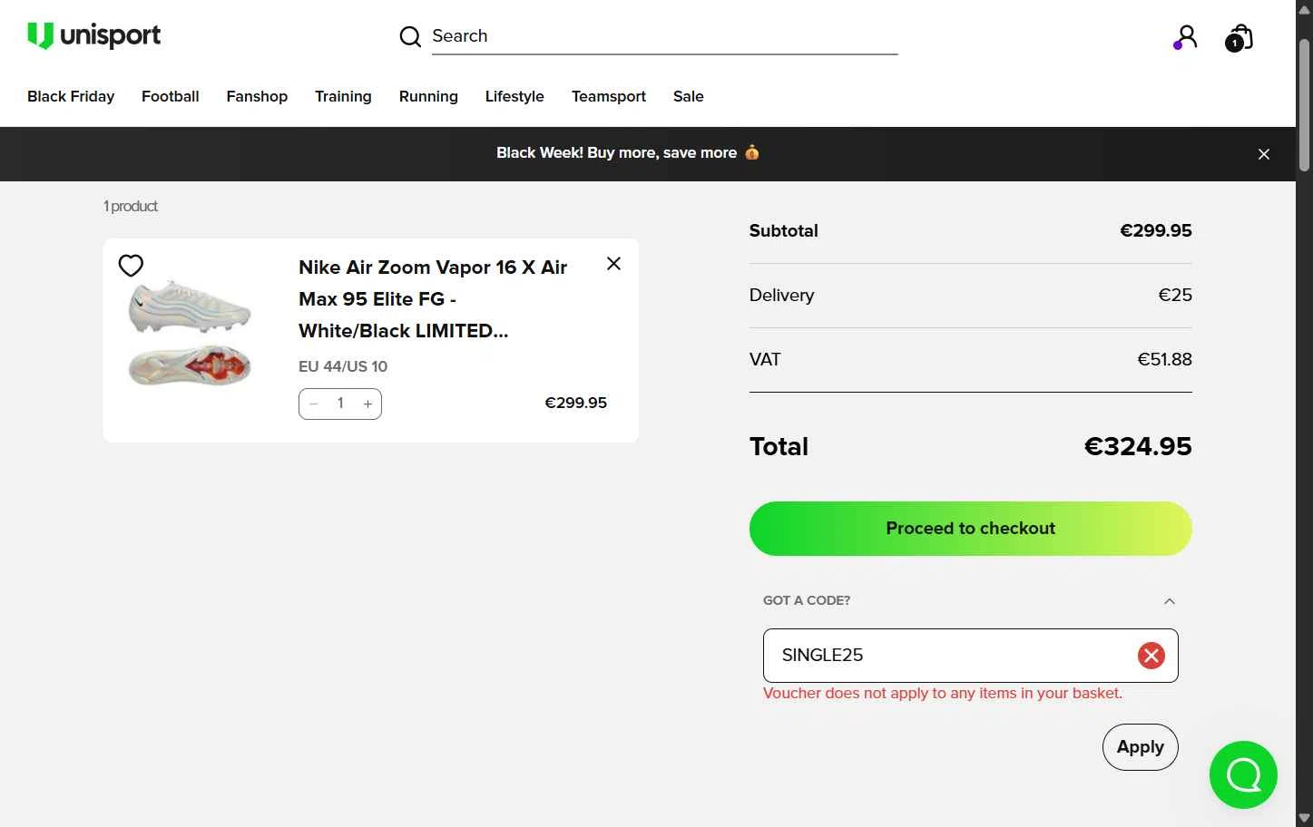 Unisportstore.com checkout page showing Unisportstore.com discount code box | Screenshot taken by SimplyCodes community member on Nov 24, 2025