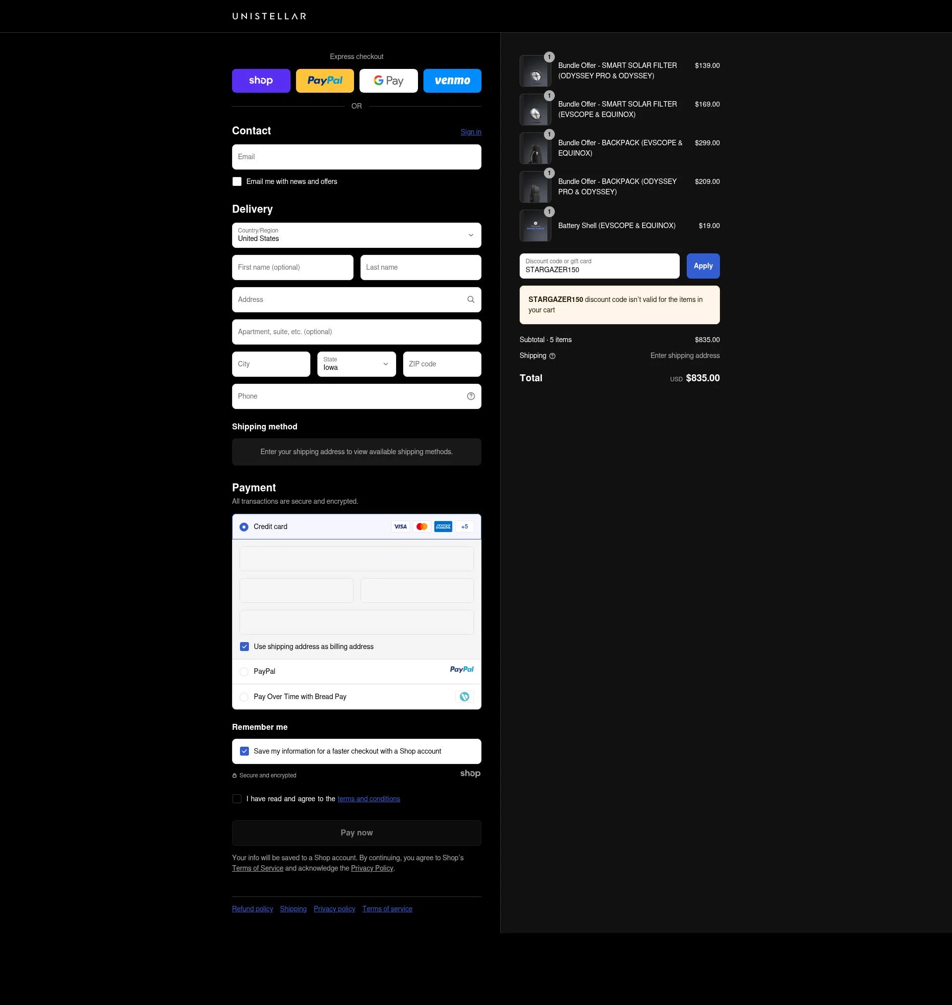 Unistellar checkout page showing Unistellar promo code box | Screenshot taken by SimplyCodes community member on Sep 15, 2025