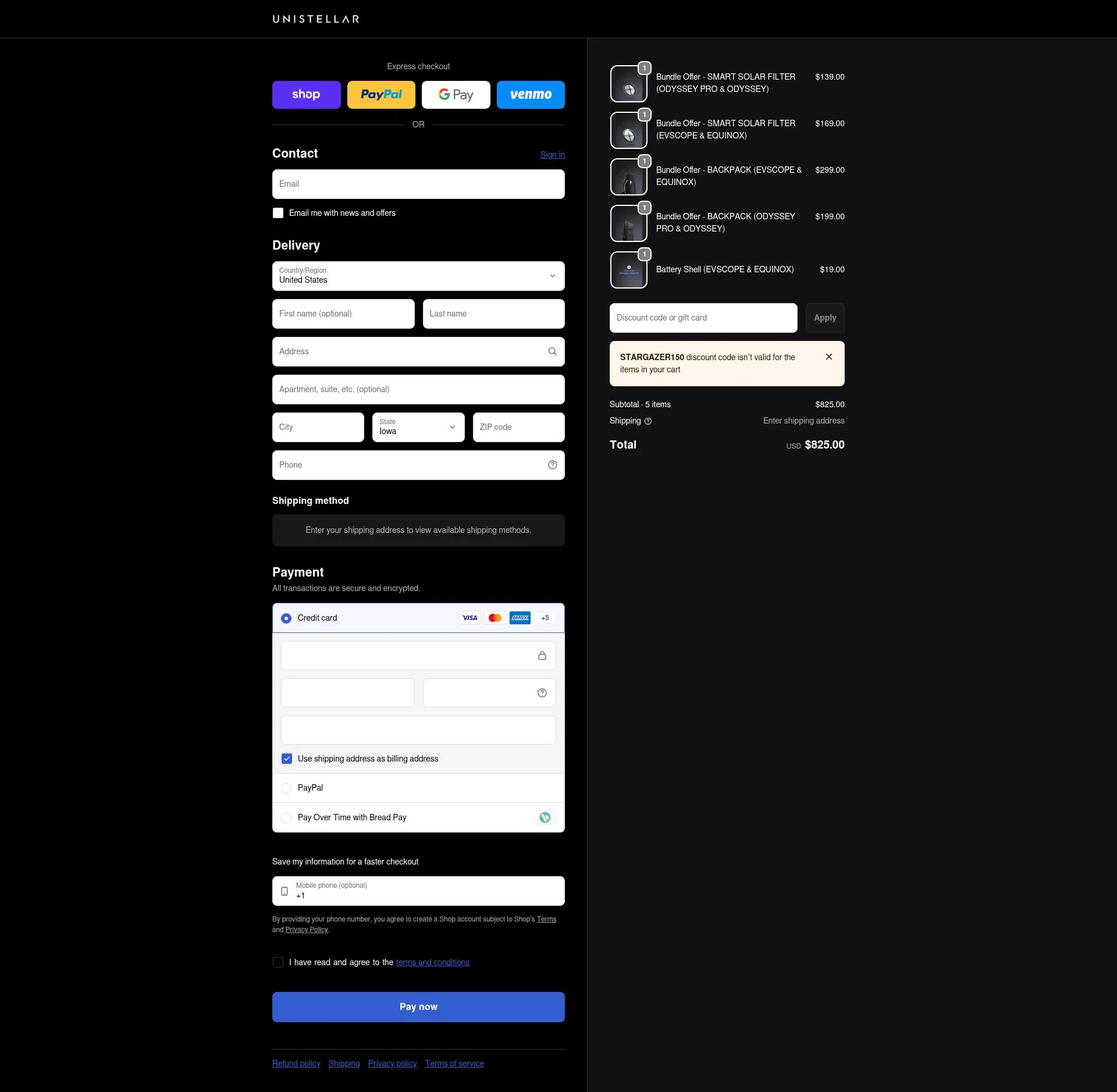 Unistellar checkout page showing Unistellar promo code box | Screenshot taken by SimplyCodes community member on Feb 3, 2026