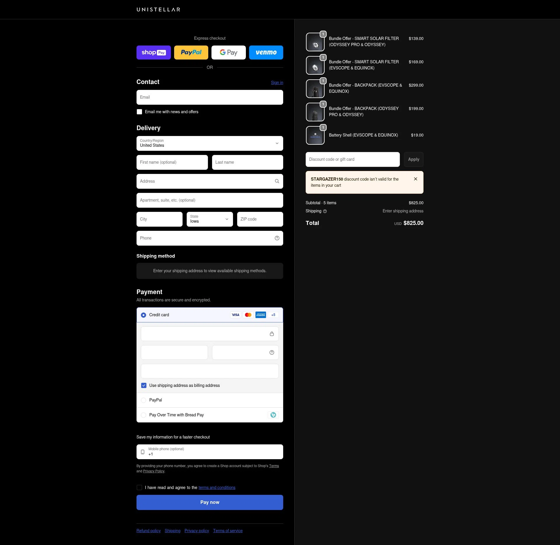 Unistellar checkout page showing Unistellar promo code box | Screenshot taken by SimplyCodes community member on Jan 11, 2026