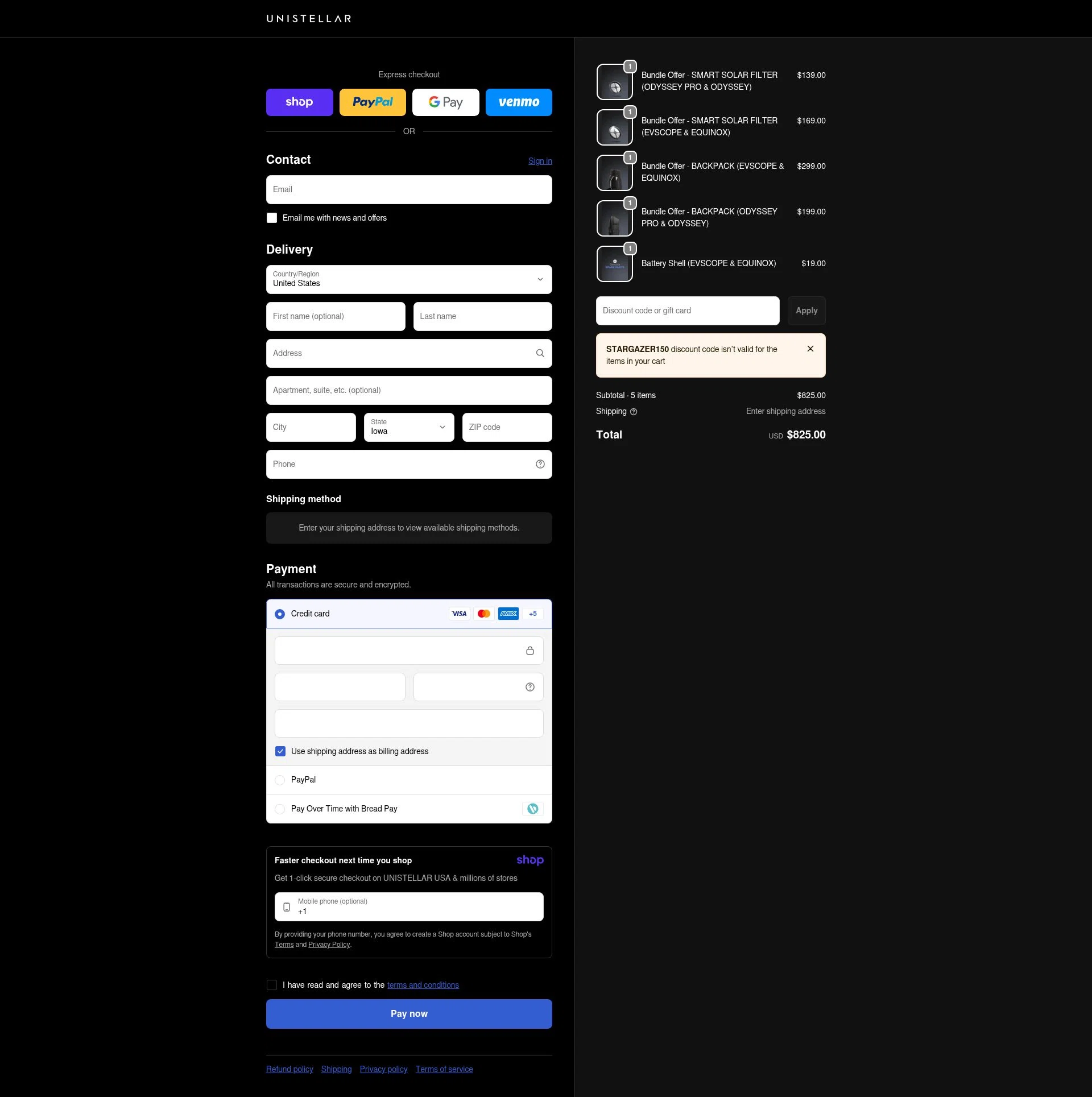 Unistellar checkout page showing Unistellar promo code box | Screenshot taken by SimplyCodes community member on Jan 16, 2026