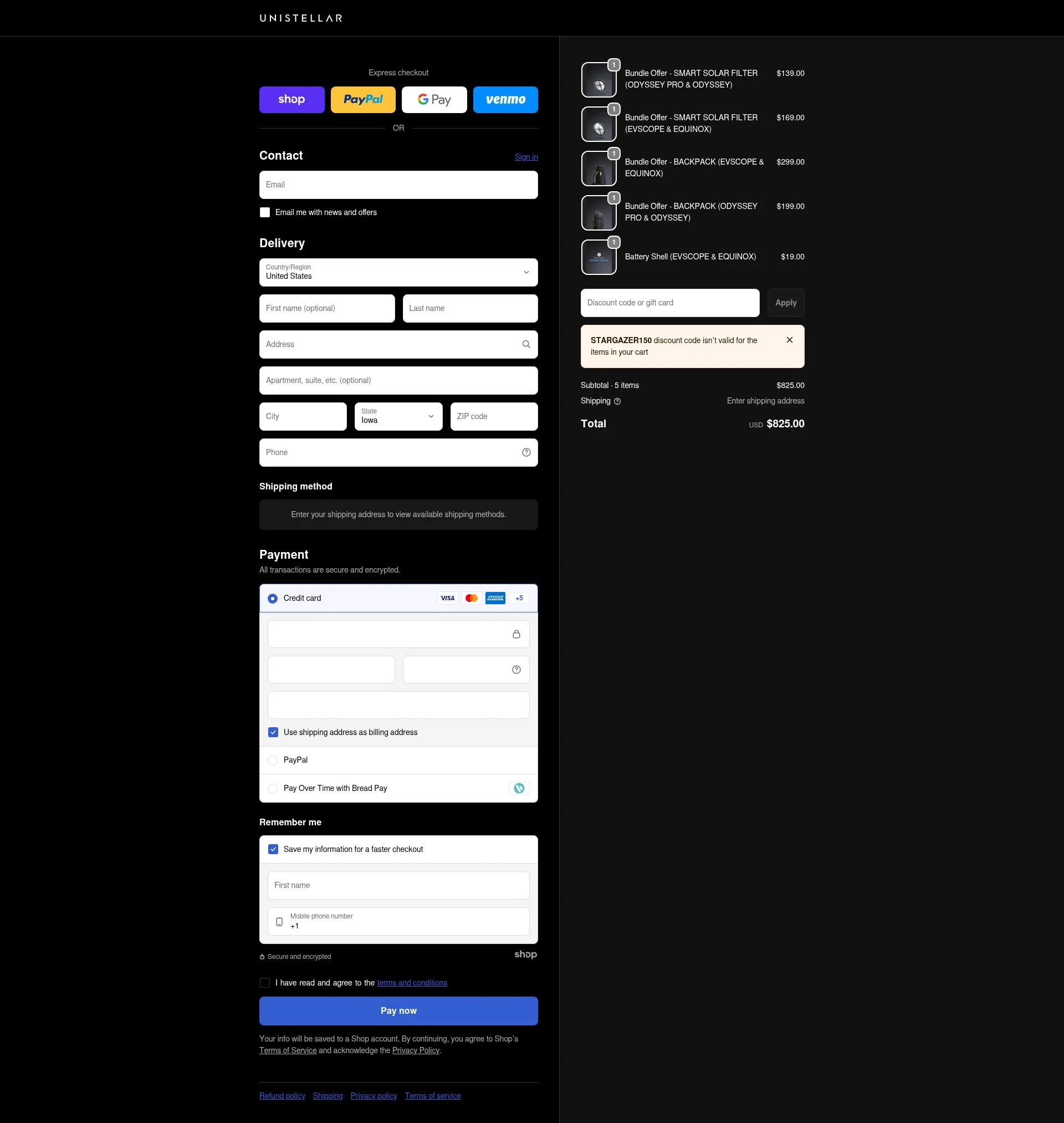 Unistellar checkout page showing Unistellar promo code box | Screenshot taken by SimplyCodes community member on Jan 21, 2026