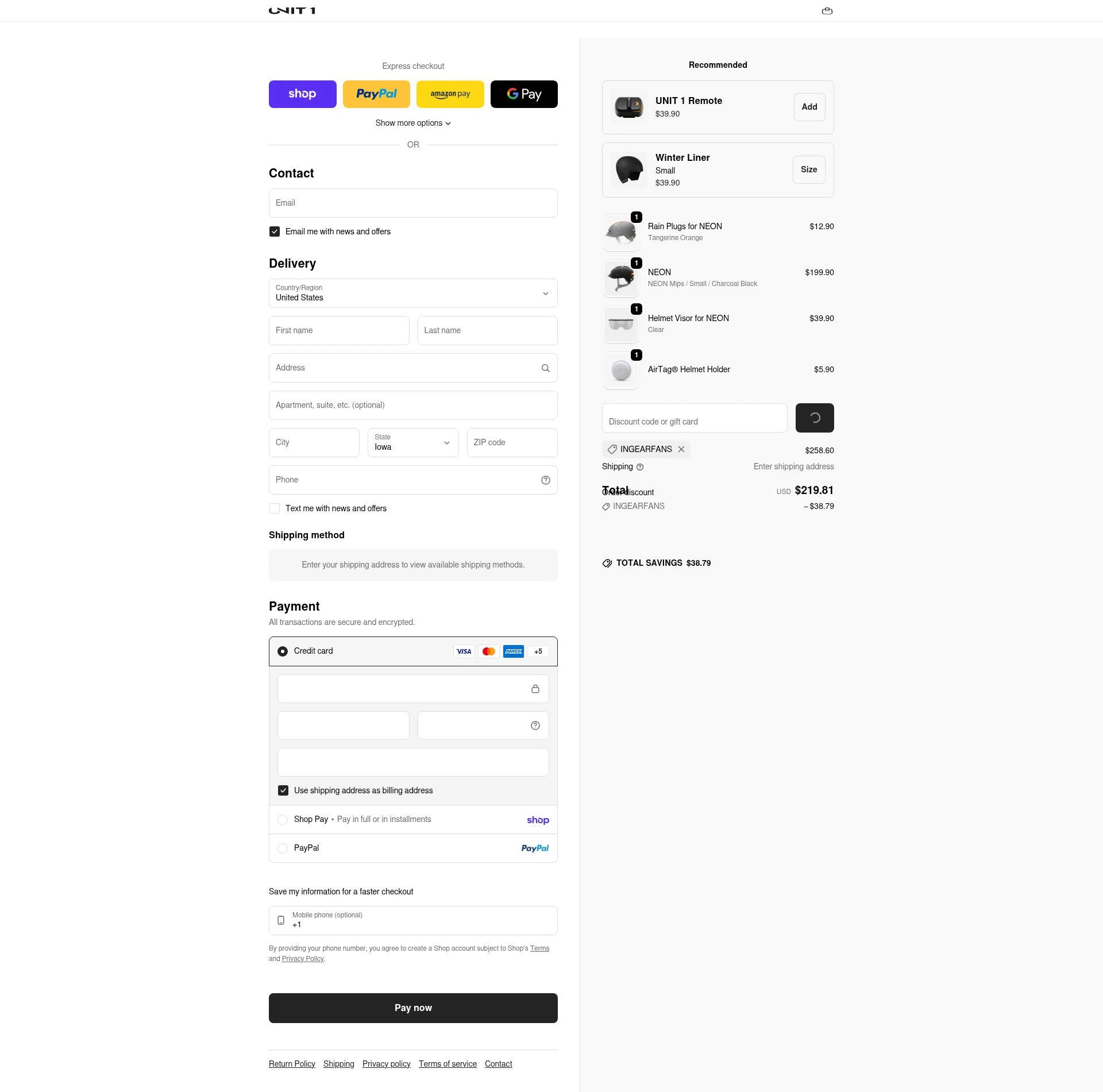 UNIT 1 Gear checkout page showing UNIT 1 Gear promo code box | Screenshot taken by SimplyCodes community member on Feb 3, 2026