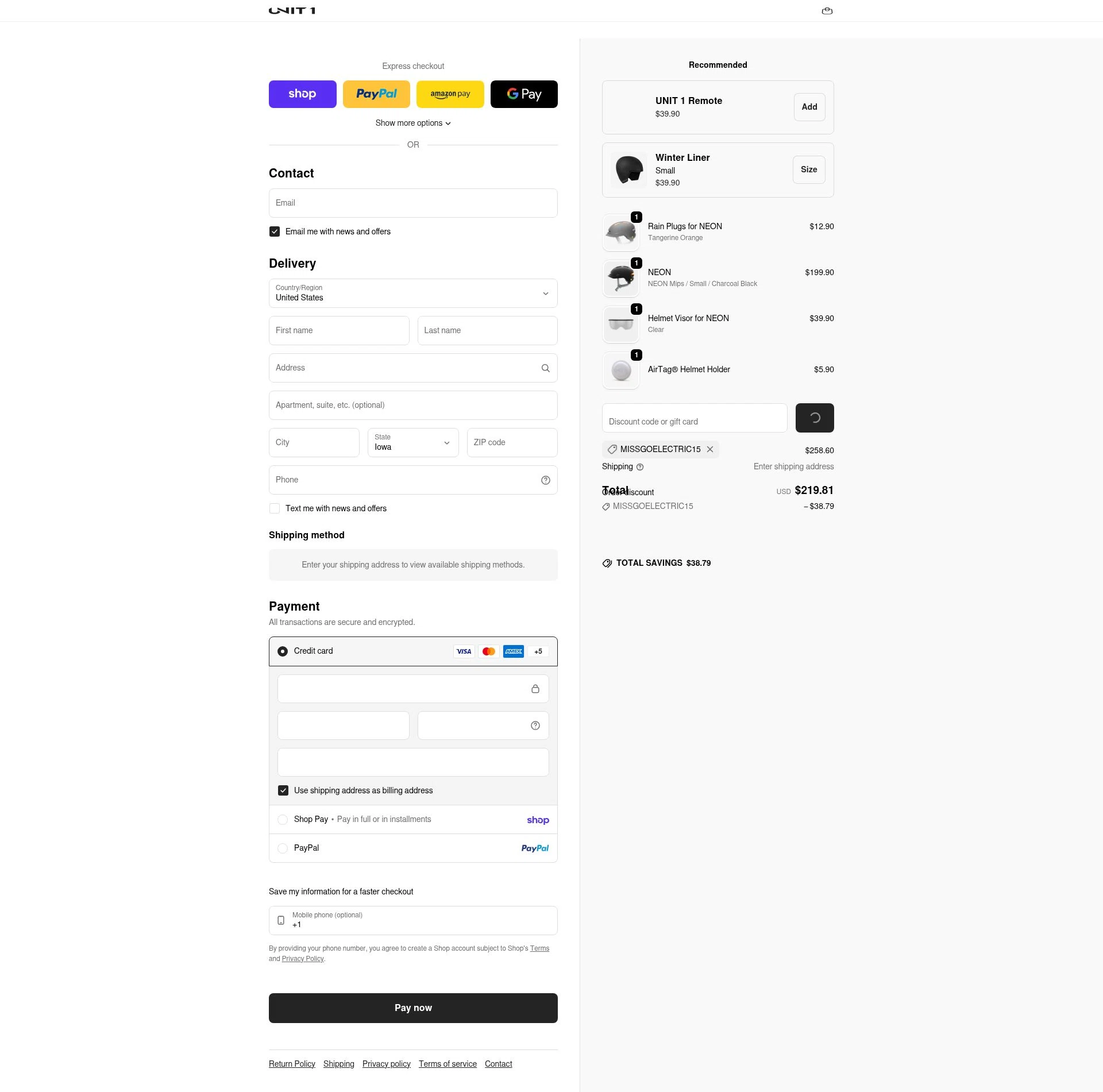 UNIT 1 Gear checkout page showing UNIT 1 Gear promo code box | Screenshot taken by SimplyCodes community member on Feb 3, 2026