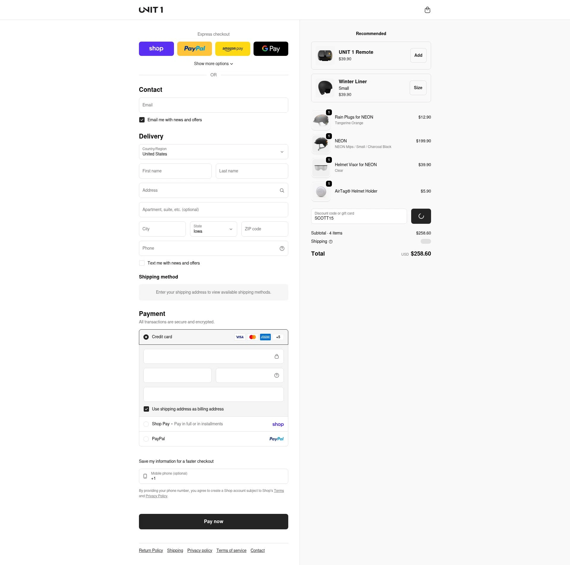 UNIT 1 Gear checkout page showing UNIT 1 Gear promo code box | Screenshot taken by SimplyCodes community member on Feb 8, 2026