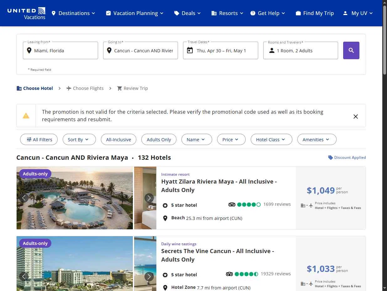 Verification screenshot for $150 Off Per Booking on Vacation Package Reservations (members Only) at United Airlines — 44d ago