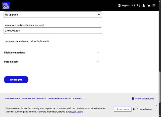 United Airlines checkout page showing United Airlines promo code box | Screenshot taken by SimplyCodes community member on Sep 7, 2025