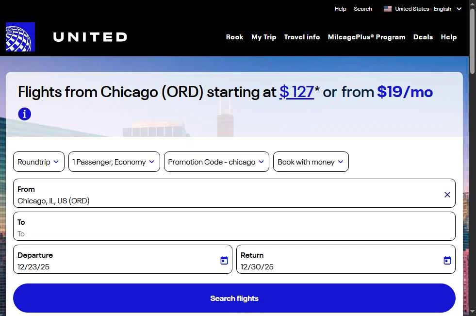 United Airlines checkout page showing United Airlines promo code box | Screenshot taken by SimplyCodes community member on Dec 16, 2025