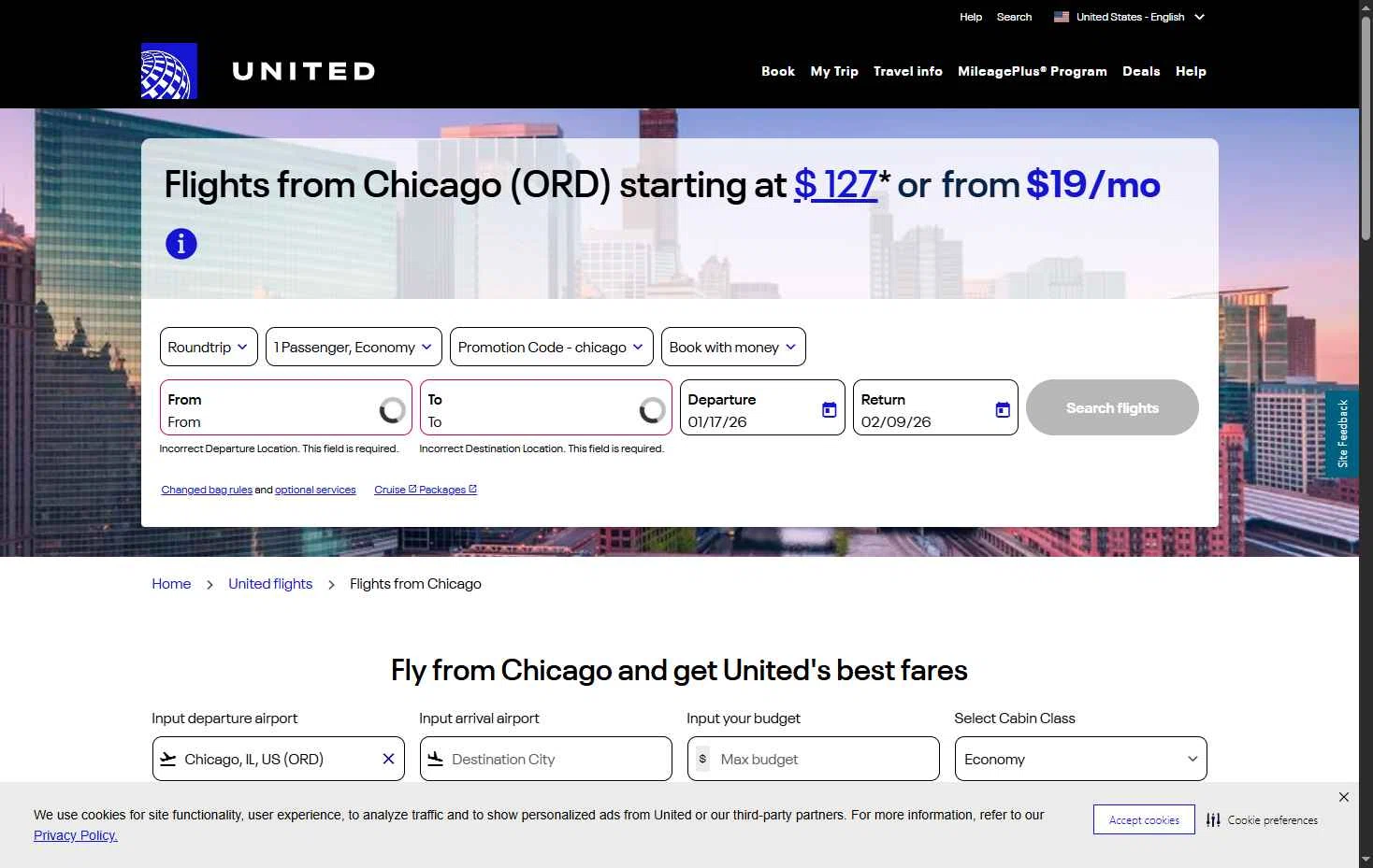 United Airlines checkout page showing United Airlines promo code box | Screenshot taken by SimplyCodes community member on Dec 26, 2025