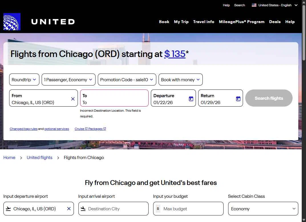 United Airlines checkout page showing United Airlines promo code box | Screenshot taken by SimplyCodes community member on Jan 15, 2026
