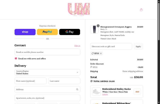 United Monograms checkout page showing United Monograms discount code box | Screenshot taken by SimplyCodes community member on Sep 14, 2025