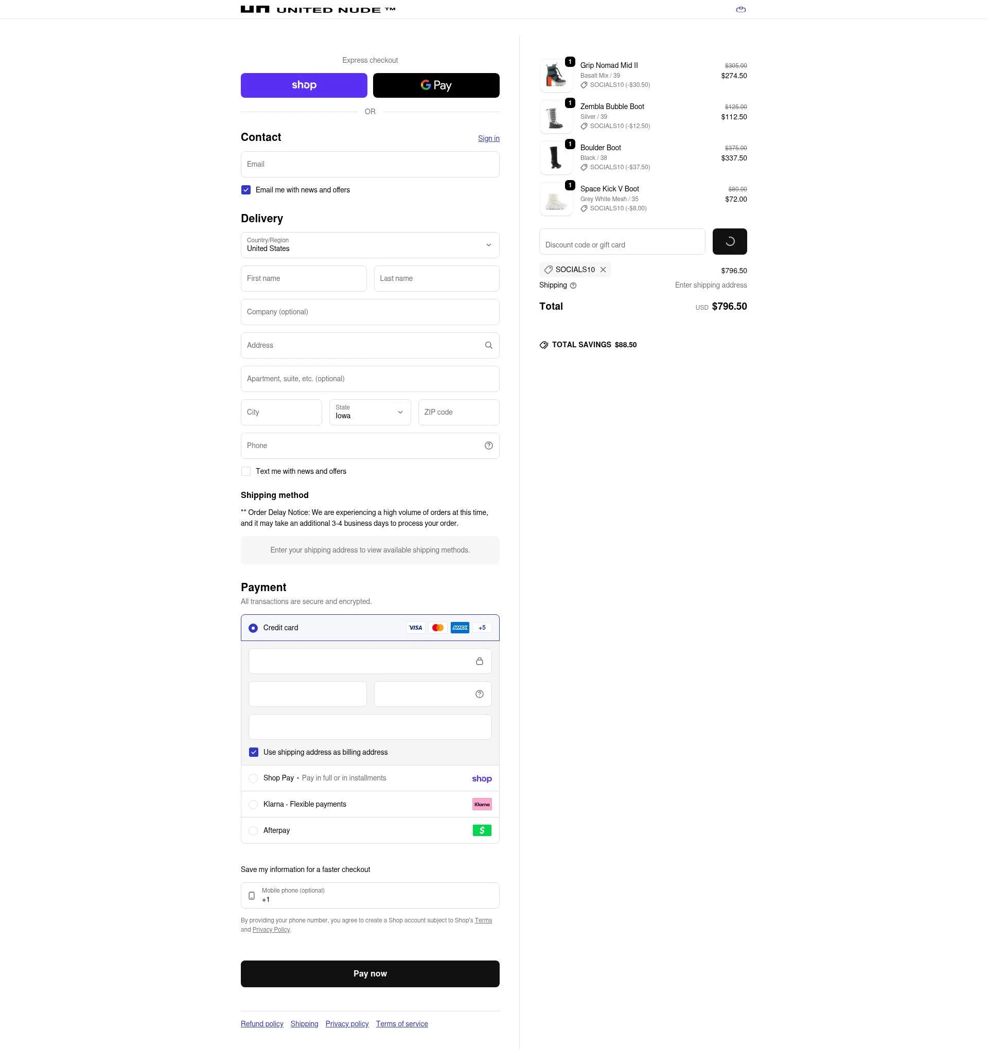 United Nude checkout page showing United Nude promo code box | Screenshot taken by SimplyCodes community member on Feb 14, 2026