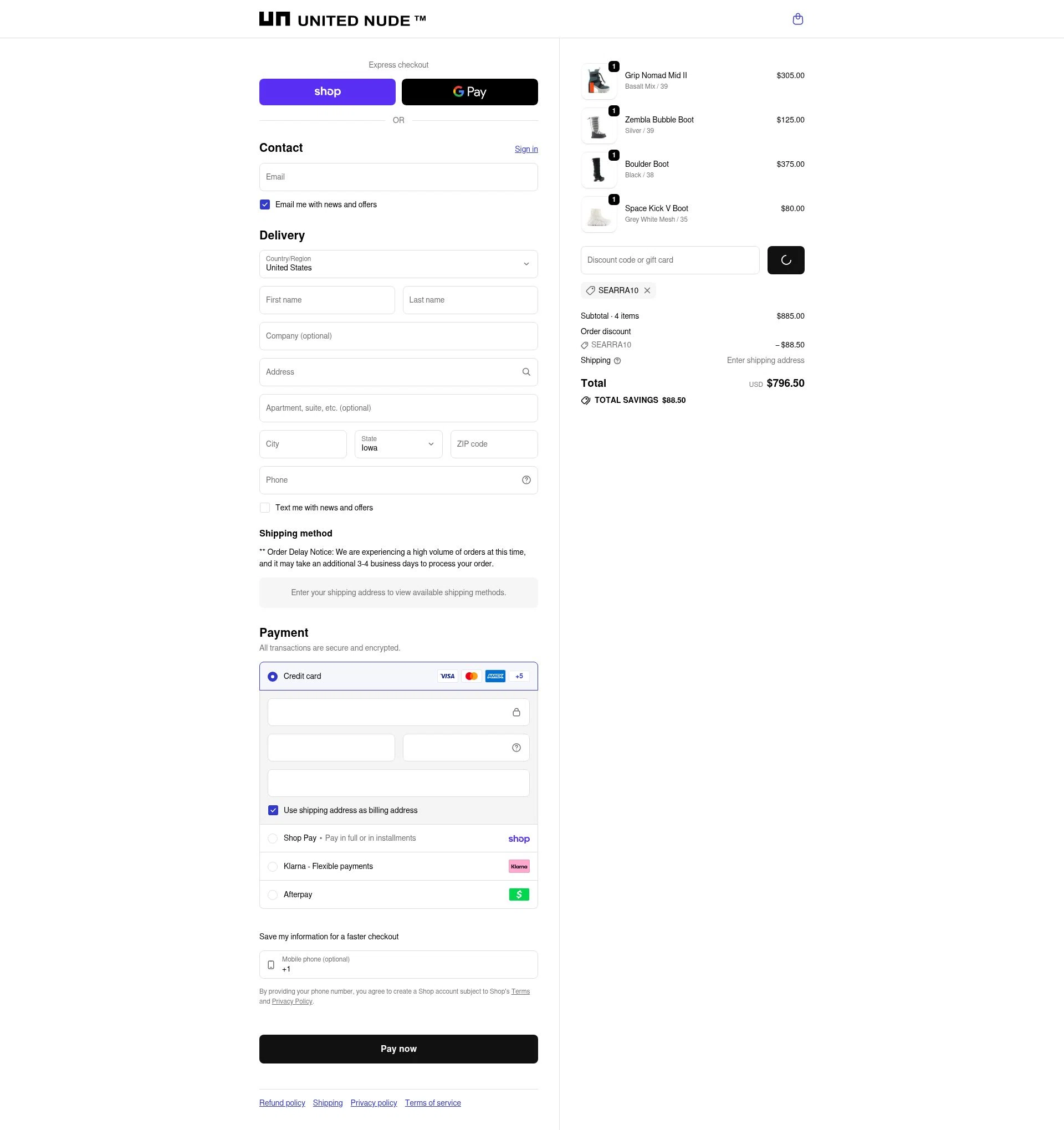 United Nude checkout page showing United Nude promo code box | Screenshot taken by SimplyCodes community member on Feb 14, 2026