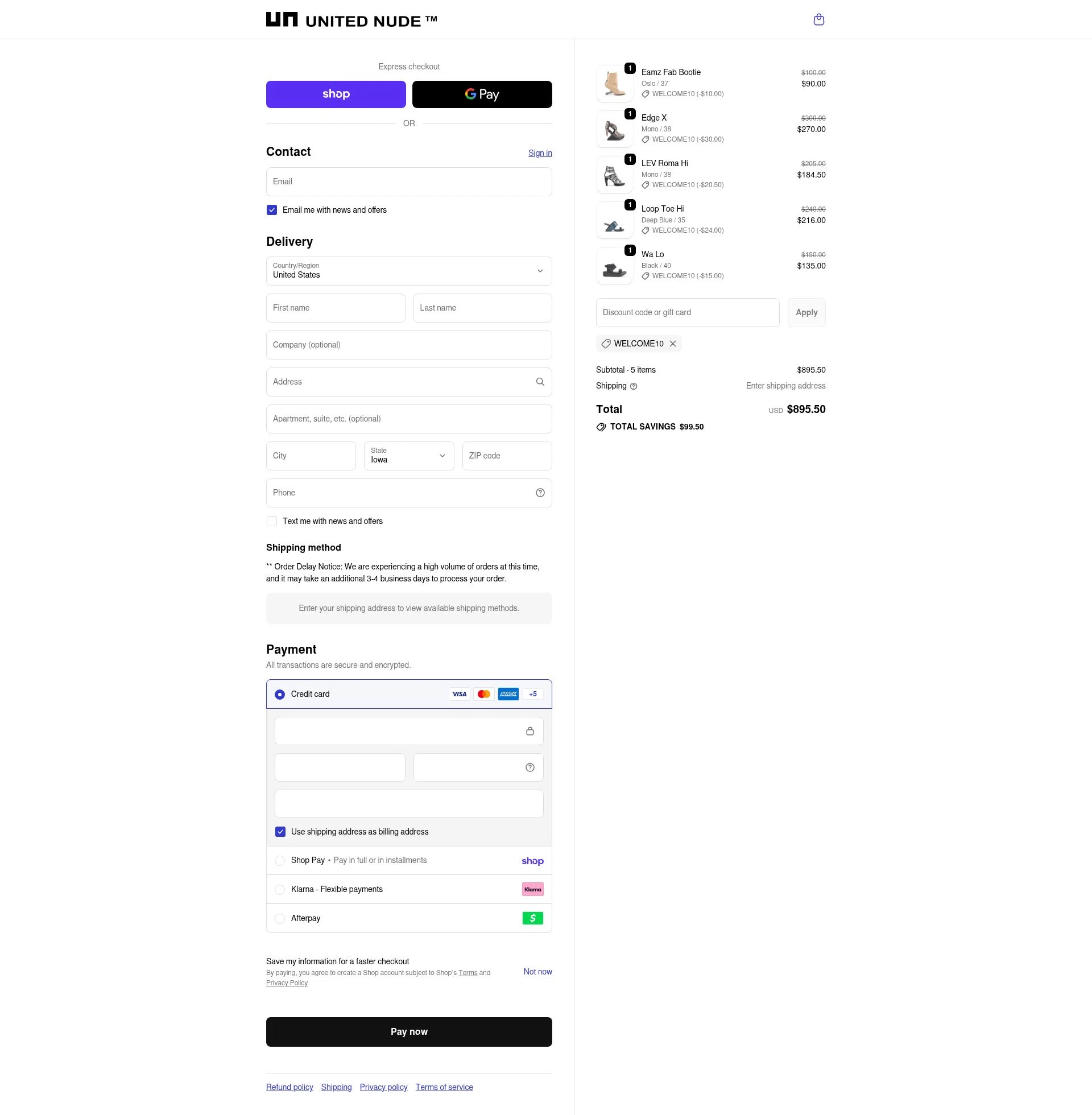 United Nude checkout page showing United Nude promo code box | Screenshot taken by SimplyCodes community member on Feb 19, 2026
