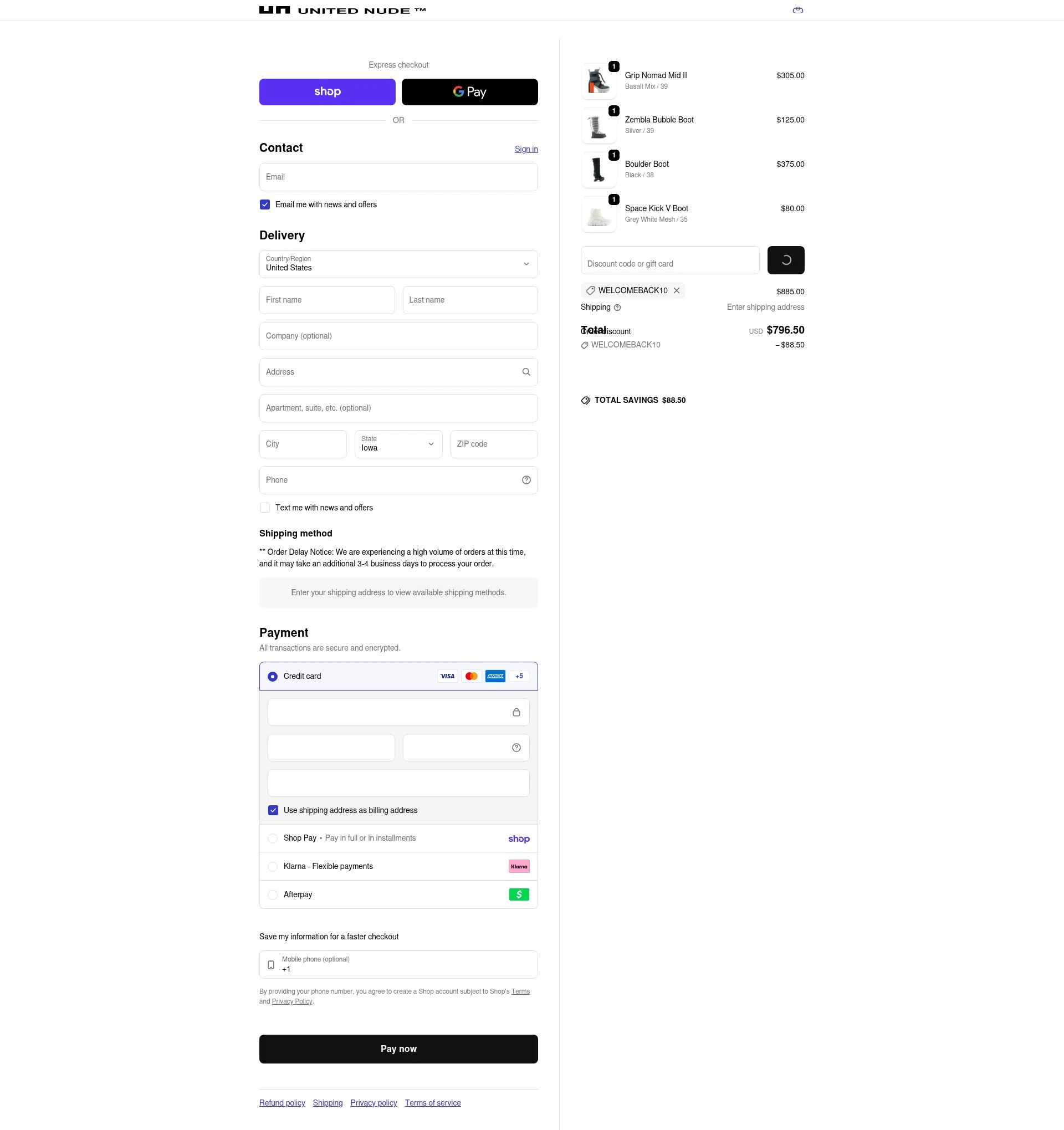 United Nude checkout page showing United Nude promo code box | Screenshot taken by SimplyCodes community member on Feb 14, 2026