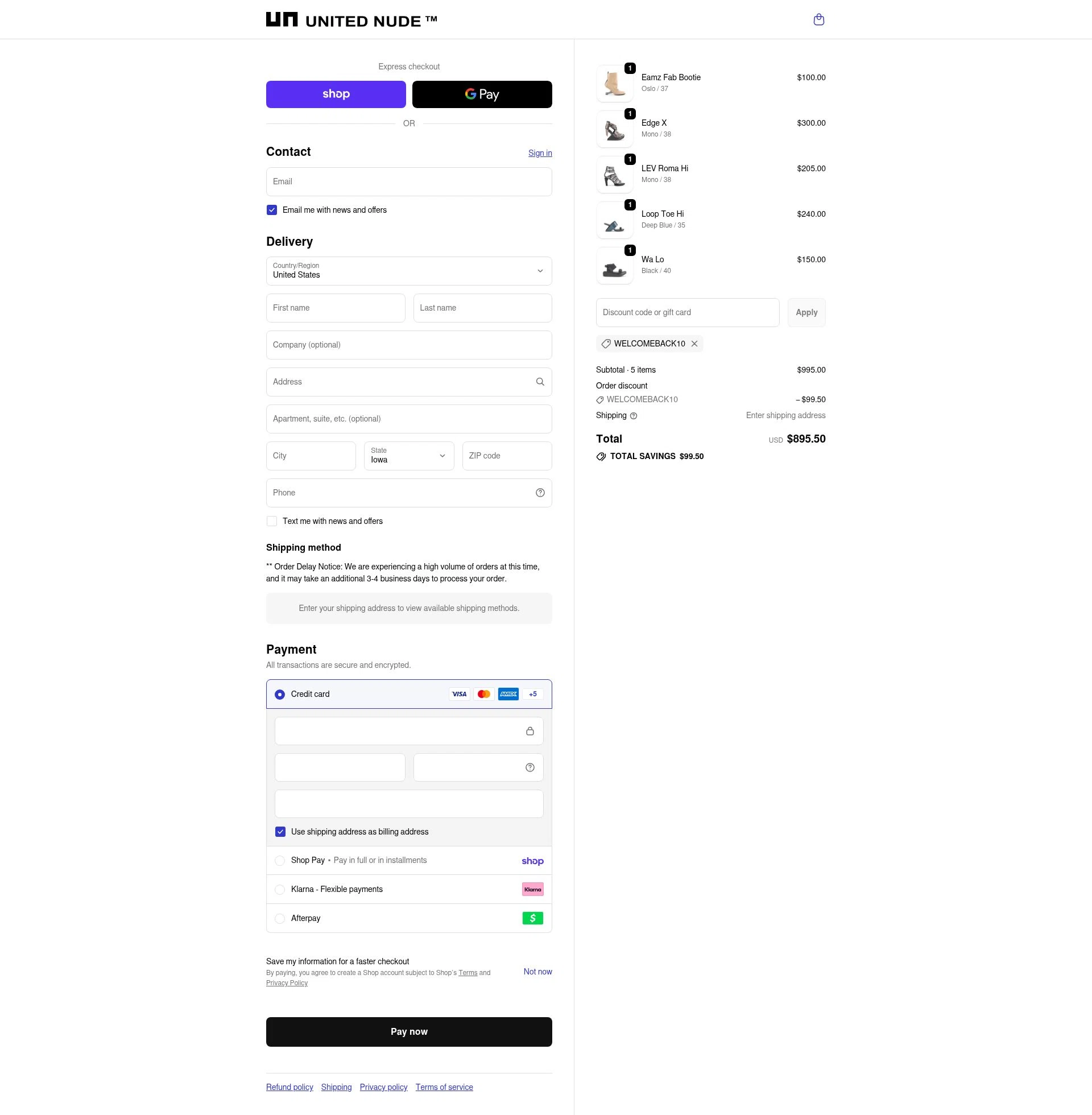 United Nude checkout page showing United Nude promo code box | Screenshot taken by SimplyCodes community member on Feb 19, 2026