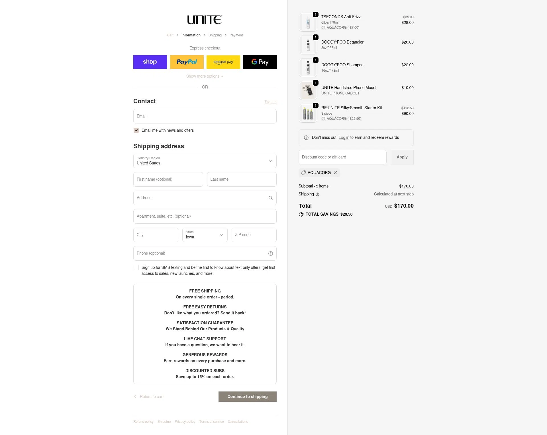 Unite Hair Care checkout page showing Unite Hair Care coupon code box | Screenshot taken by SimplyCodes community member on Feb 18, 2026