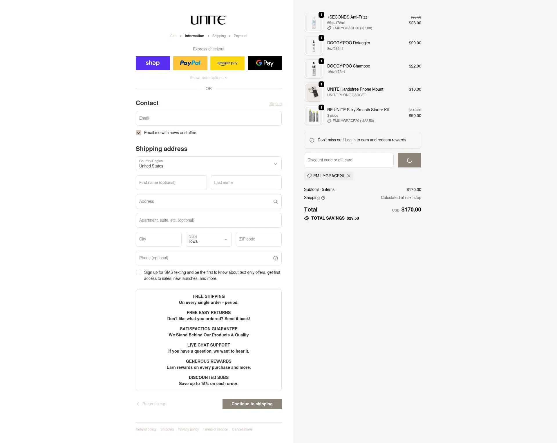 Unite Hair Care checkout page showing Unite Hair Care coupon code box | Screenshot taken by SimplyCodes community member on Feb 14, 2026