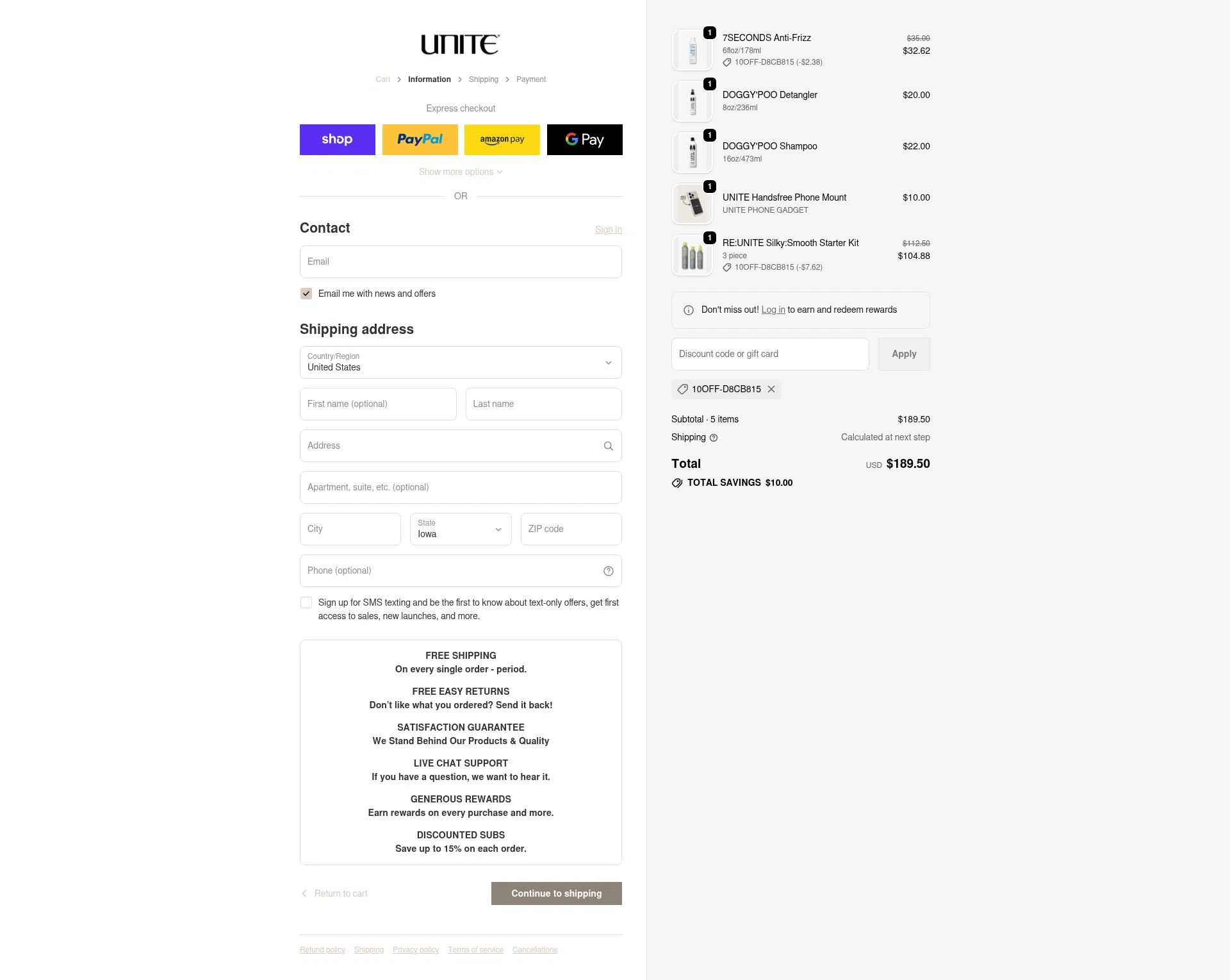 Unite Hair Care checkout page showing Unite Hair Care coupon code box | Screenshot taken by SimplyCodes community member on Feb 18, 2026