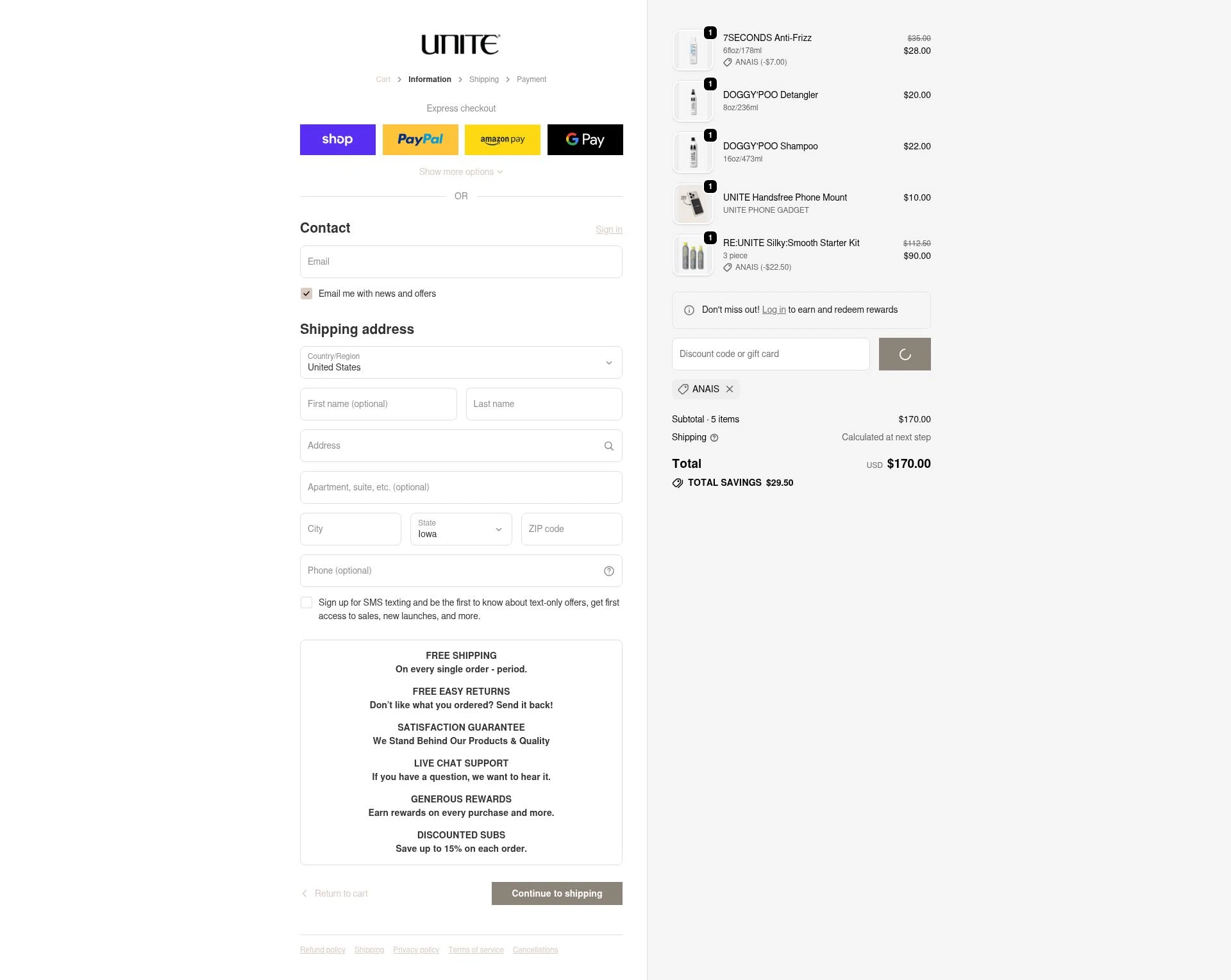 Unite Hair Care checkout page showing Unite Hair Care coupon code box | Screenshot taken by SimplyCodes community member on Feb 14, 2026