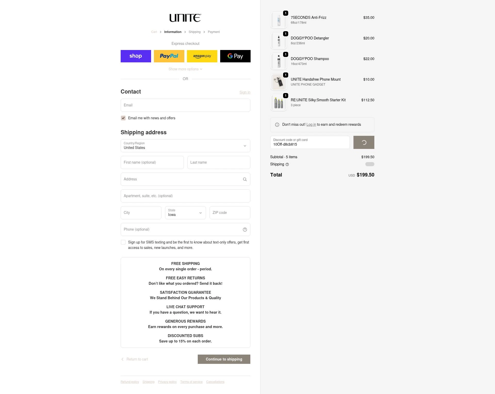Unite Hair Care checkout page showing Unite Hair Care coupon code box | Screenshot taken by SimplyCodes community member on Feb 14, 2026