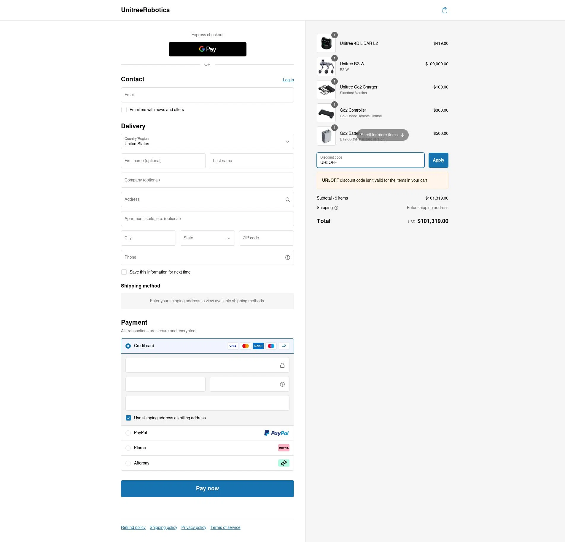 Unitree Robotics checkout page showing Unitree Robotics promo code box | Screenshot taken by SimplyCodes community member on Feb 21, 2025