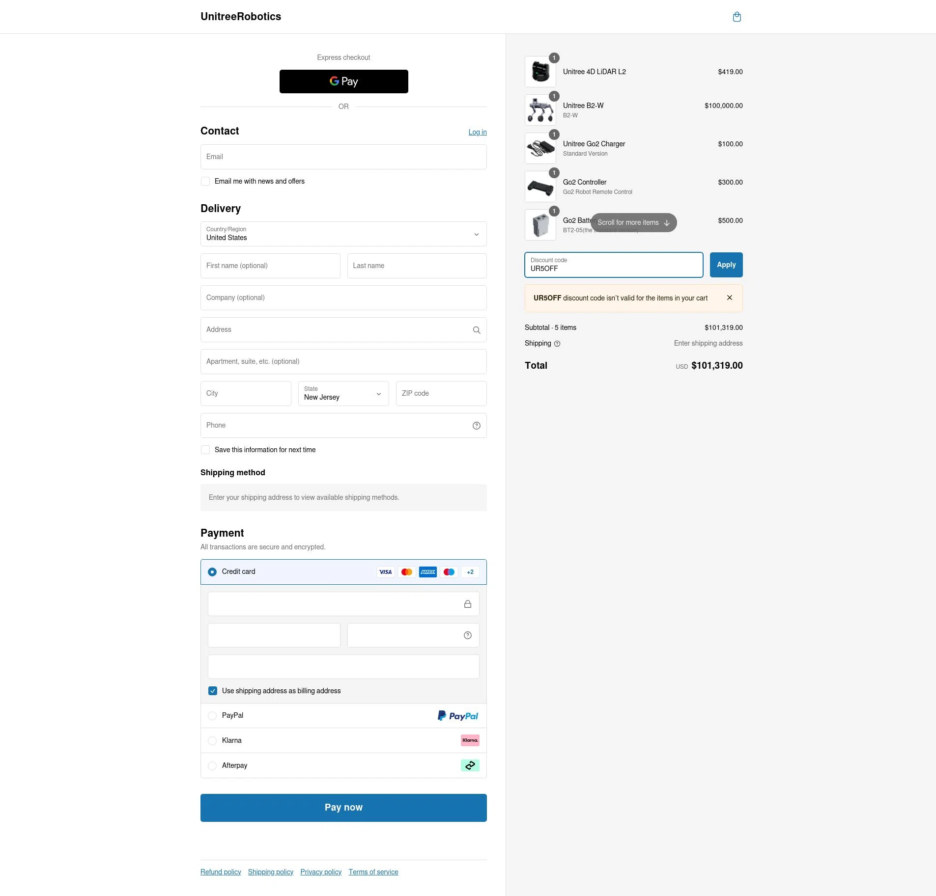 Unitree Robotics checkout page showing Unitree Robotics promo code box | Screenshot taken by SimplyCodes community member on Feb 12, 2025