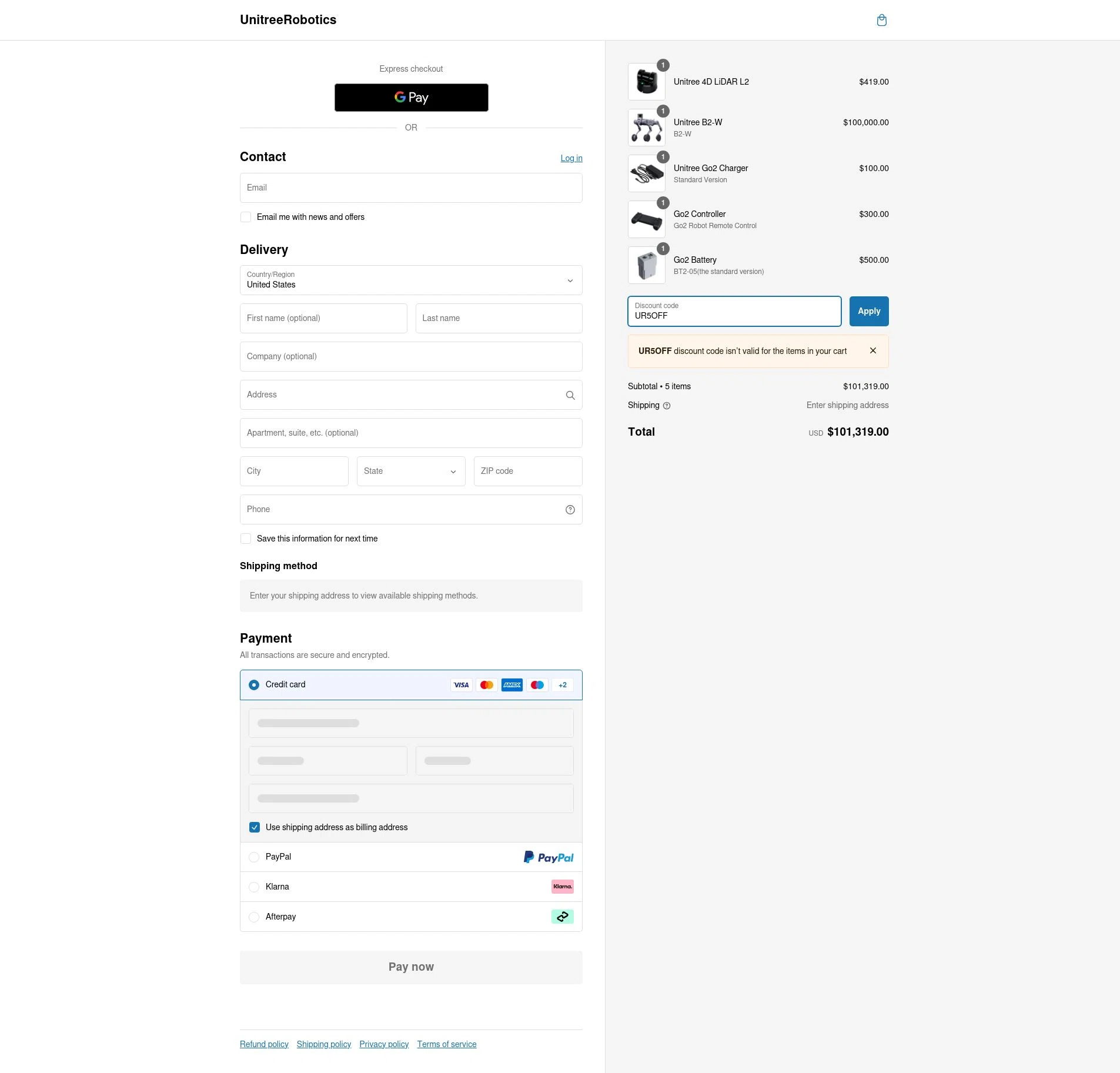 Unitree Robotics checkout page showing Unitree Robotics promo code box | Screenshot taken by SimplyCodes community member on Jan 23, 2025