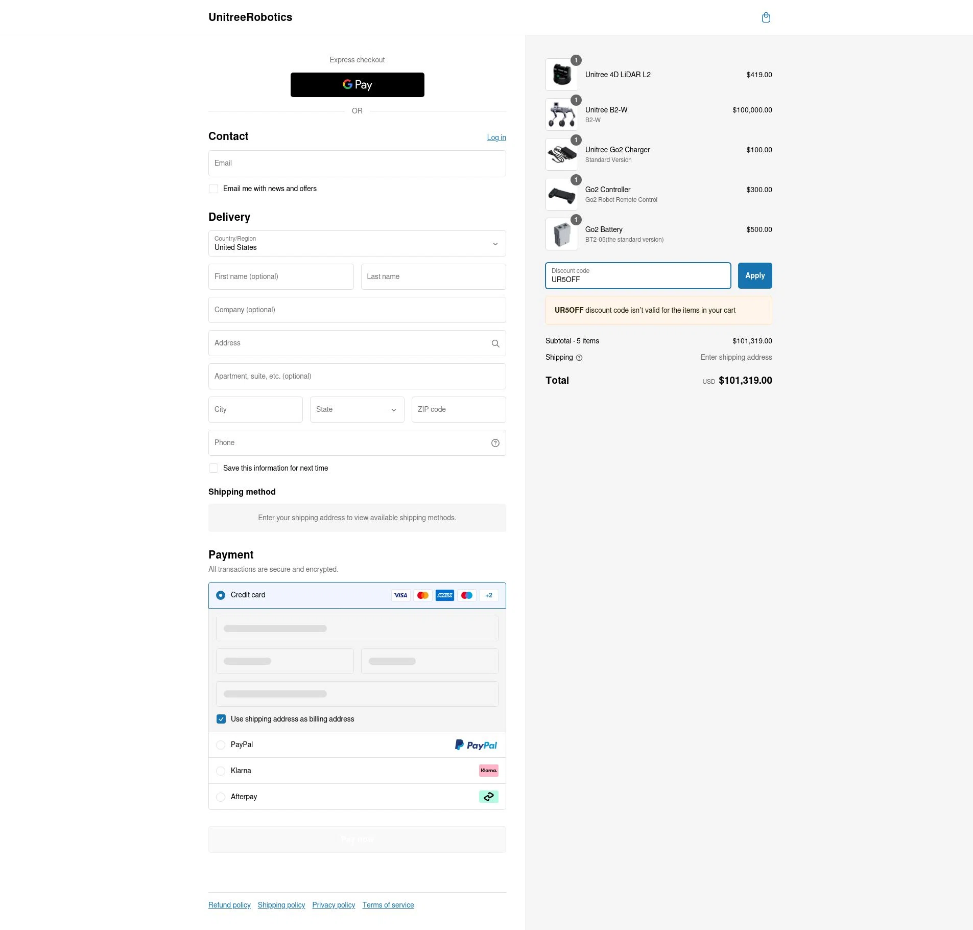Unitree Robotics checkout page showing Unitree Robotics promo code box | Screenshot taken by SimplyCodes community member on Feb 23, 2025