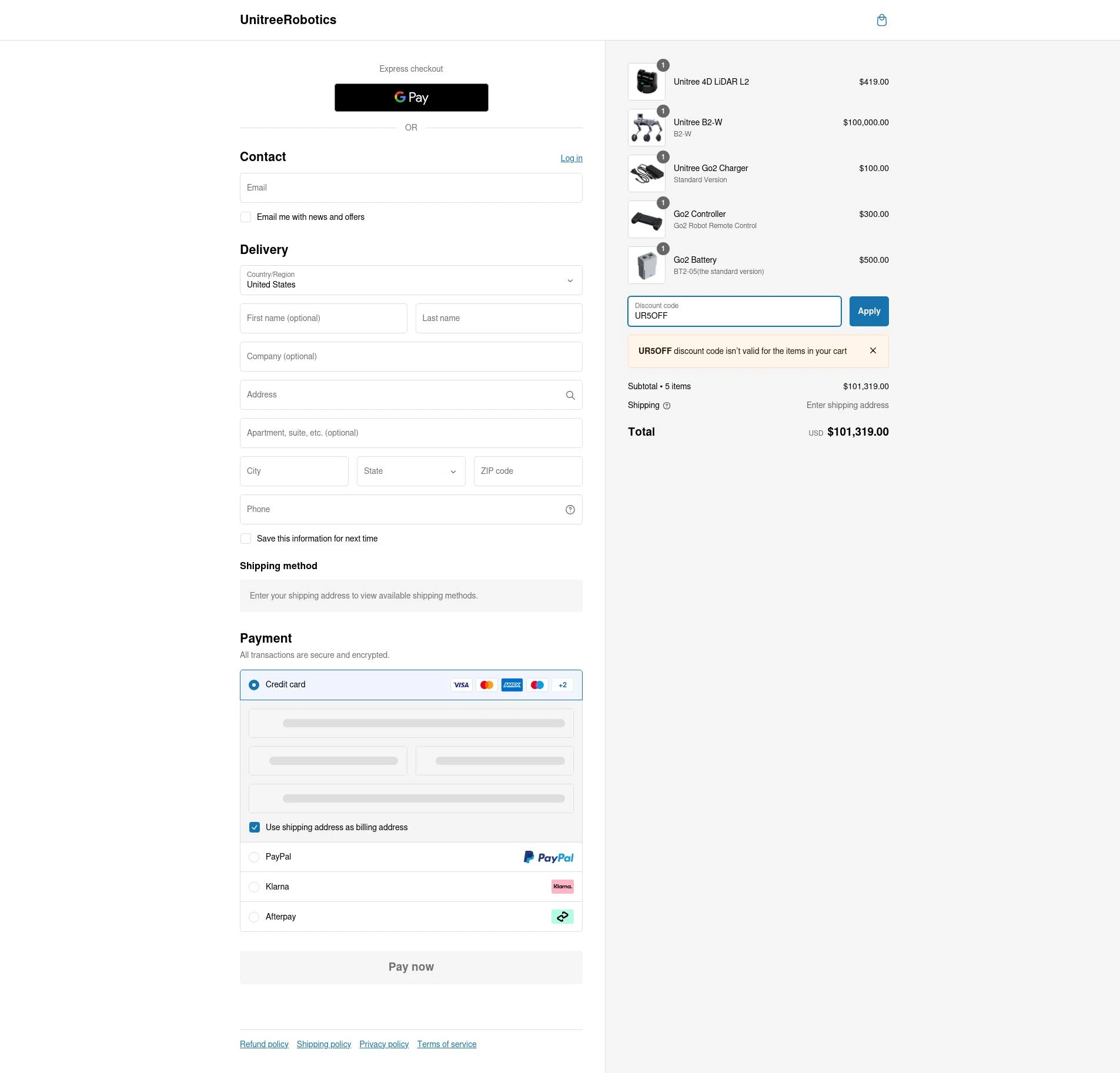 Unitree Robotics checkout page showing Unitree Robotics promo code box | Screenshot taken by SimplyCodes community member on Jan 27, 2025