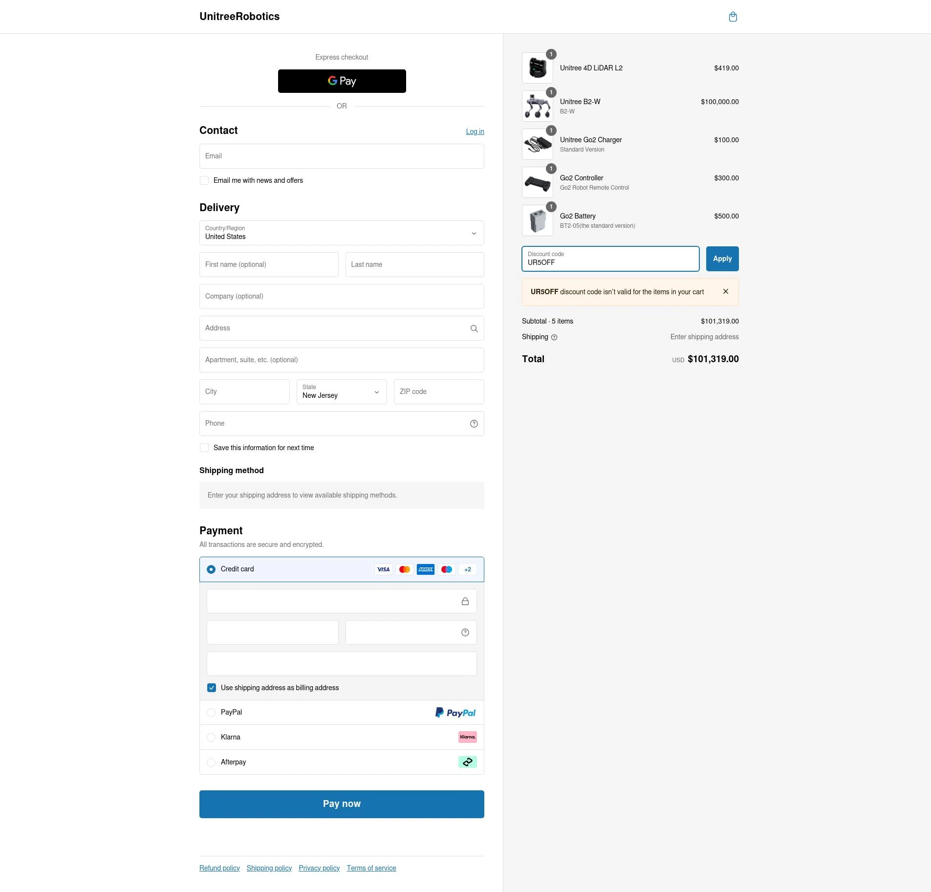 Unitree Robotics checkout page showing Unitree Robotics promo code box | Screenshot taken by SimplyCodes community member on Feb 4, 2025