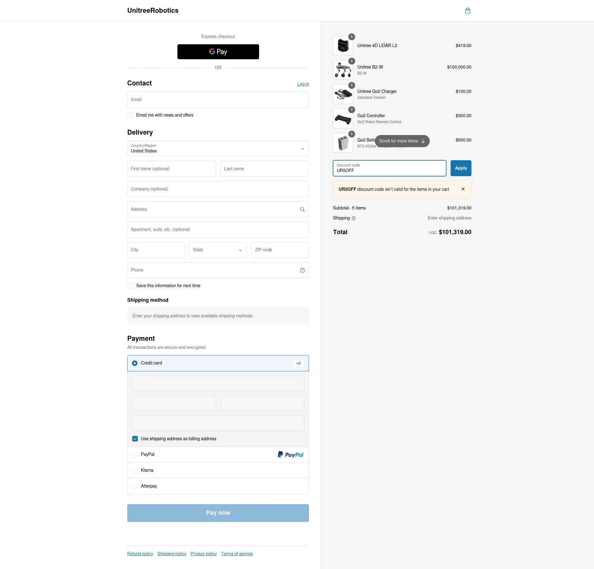 Unitree Robotics checkout page showing Unitree Robotics promo code box | Screenshot taken by SimplyCodes community member on Feb 8, 2025