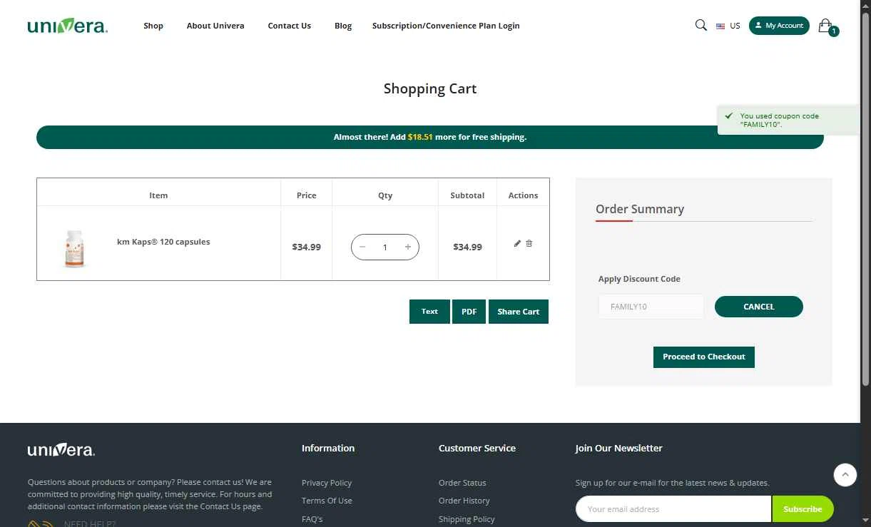 Univera checkout page showing Univera promo code box | Screenshot taken by SimplyCodes community member on Oct 14, 2025