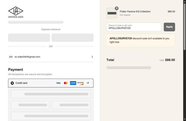 Universal Audio checkout page showing Universal Audio promo code box | Screenshot taken by SimplyCodes community member on Sep 2, 2025