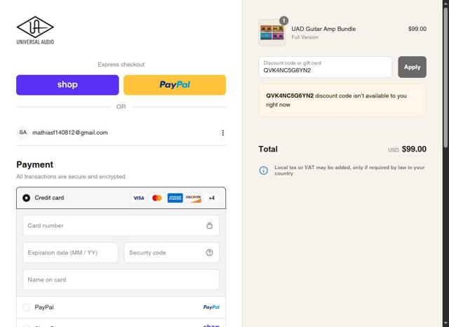 Universal Audio checkout page showing Universal Audio promo code box | Screenshot taken by SimplyCodes community member on Sep 6, 2025