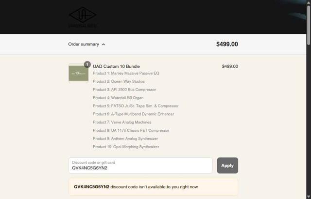 Universal Audio checkout page showing Universal Audio promo code box | Screenshot taken by SimplyCodes community member on Sep 2, 2025