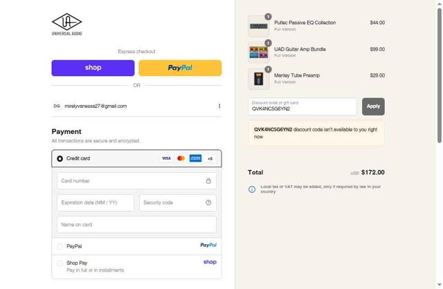 Universal Audio checkout page showing Universal Audio promo code box | Screenshot taken by SimplyCodes community member on Sep 10, 2025