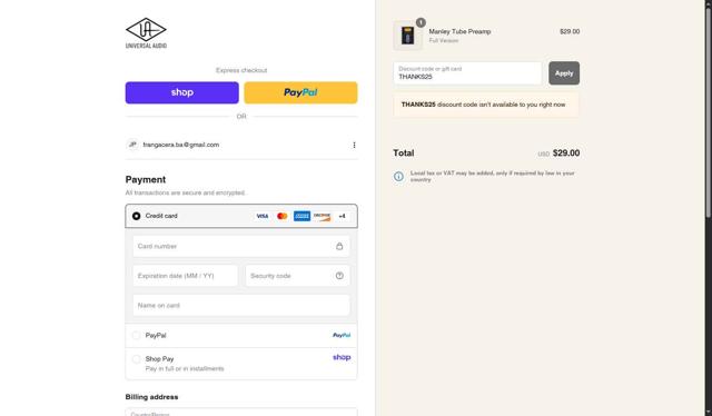 Universal Audio checkout page showing Universal Audio promo code box | Screenshot taken by SimplyCodes community member on Sep 3, 2025