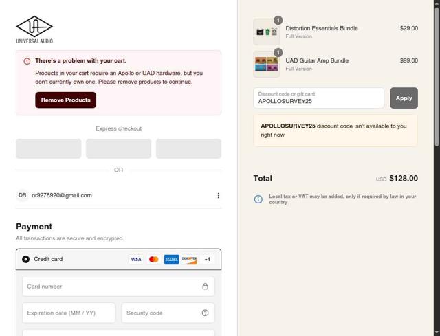 Universal Audio checkout page showing Universal Audio promo code box | Screenshot taken by SimplyCodes community member on Sep 7, 2025