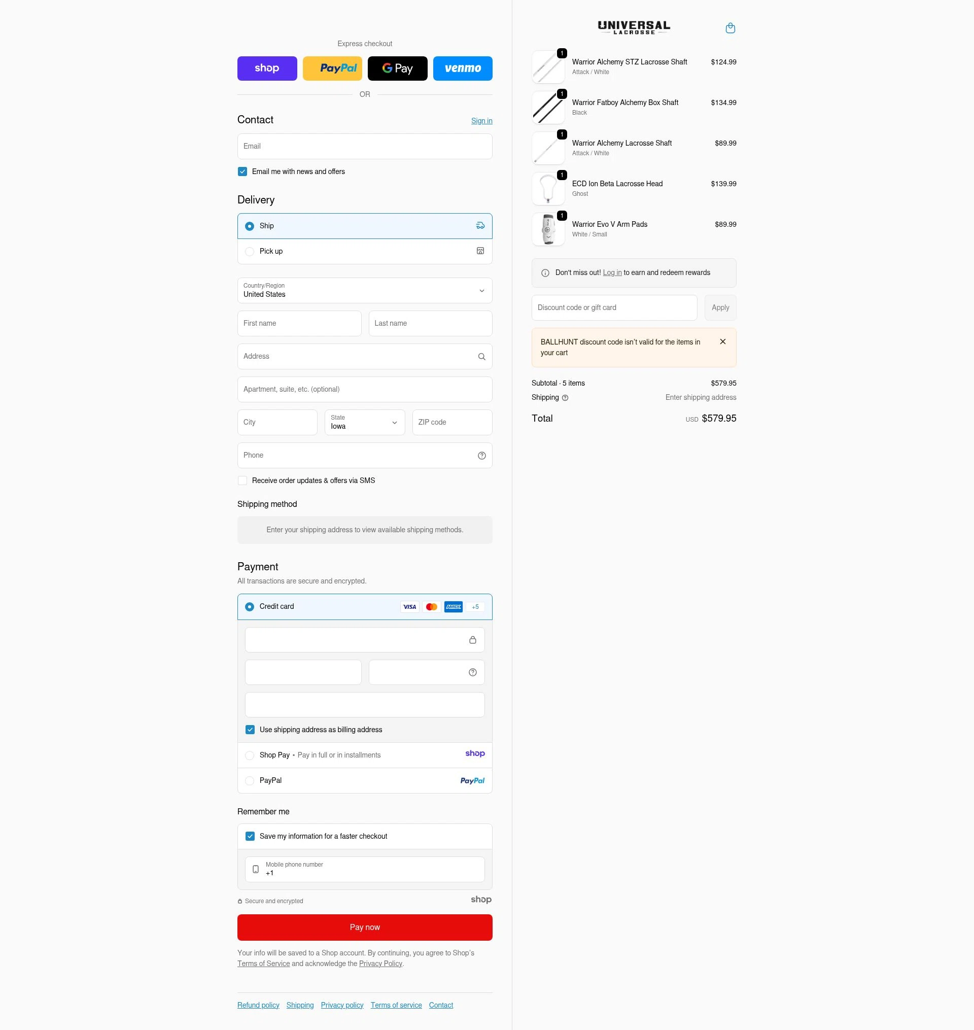 Universal Lacrosse checkout page showing Universal Lacrosse discount code box | Screenshot taken by SimplyCodes community member on Jan 20, 2026