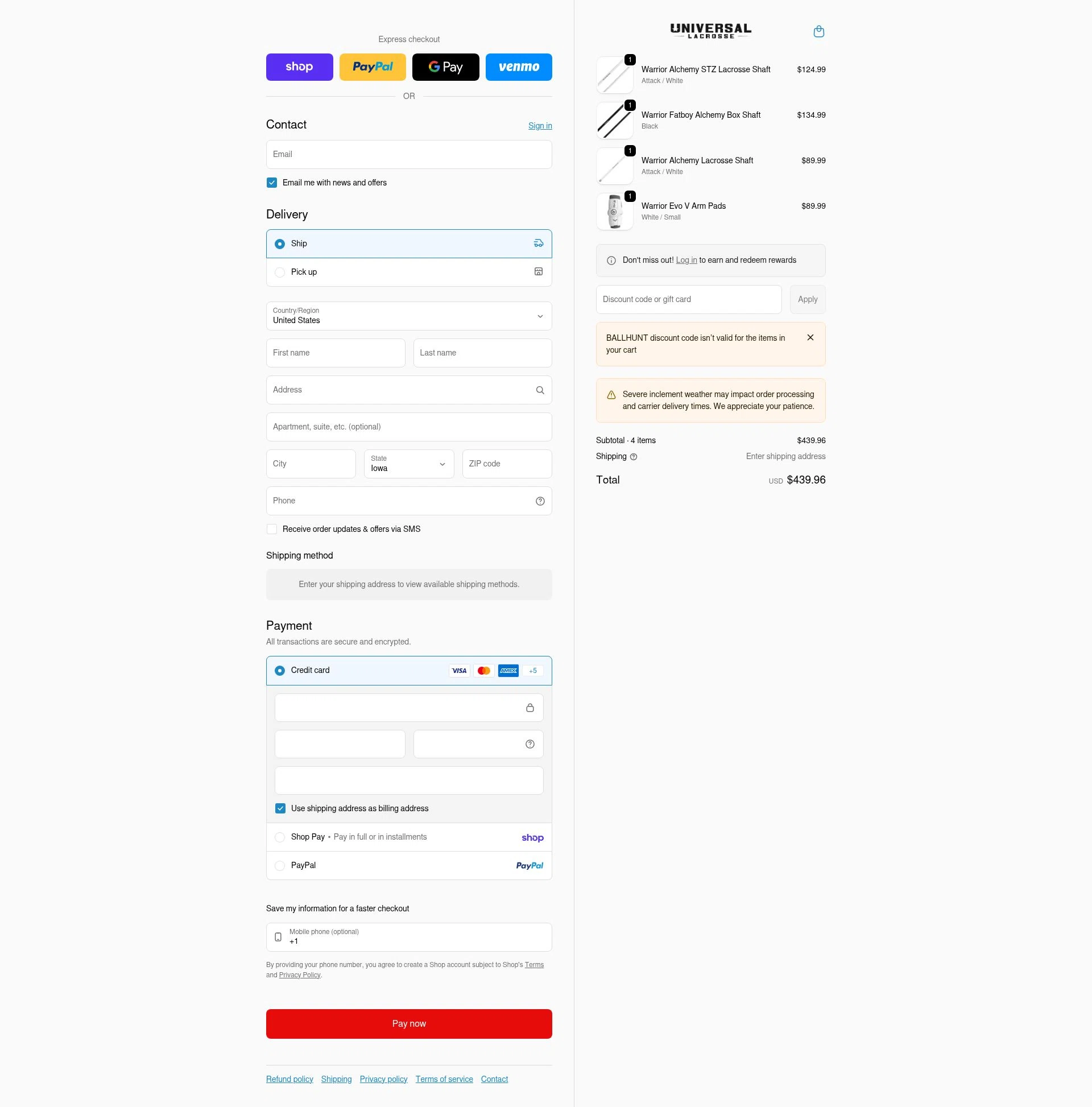 Universal Lacrosse checkout page showing Universal Lacrosse discount code box | Screenshot taken by SimplyCodes community member on Feb 7, 2026