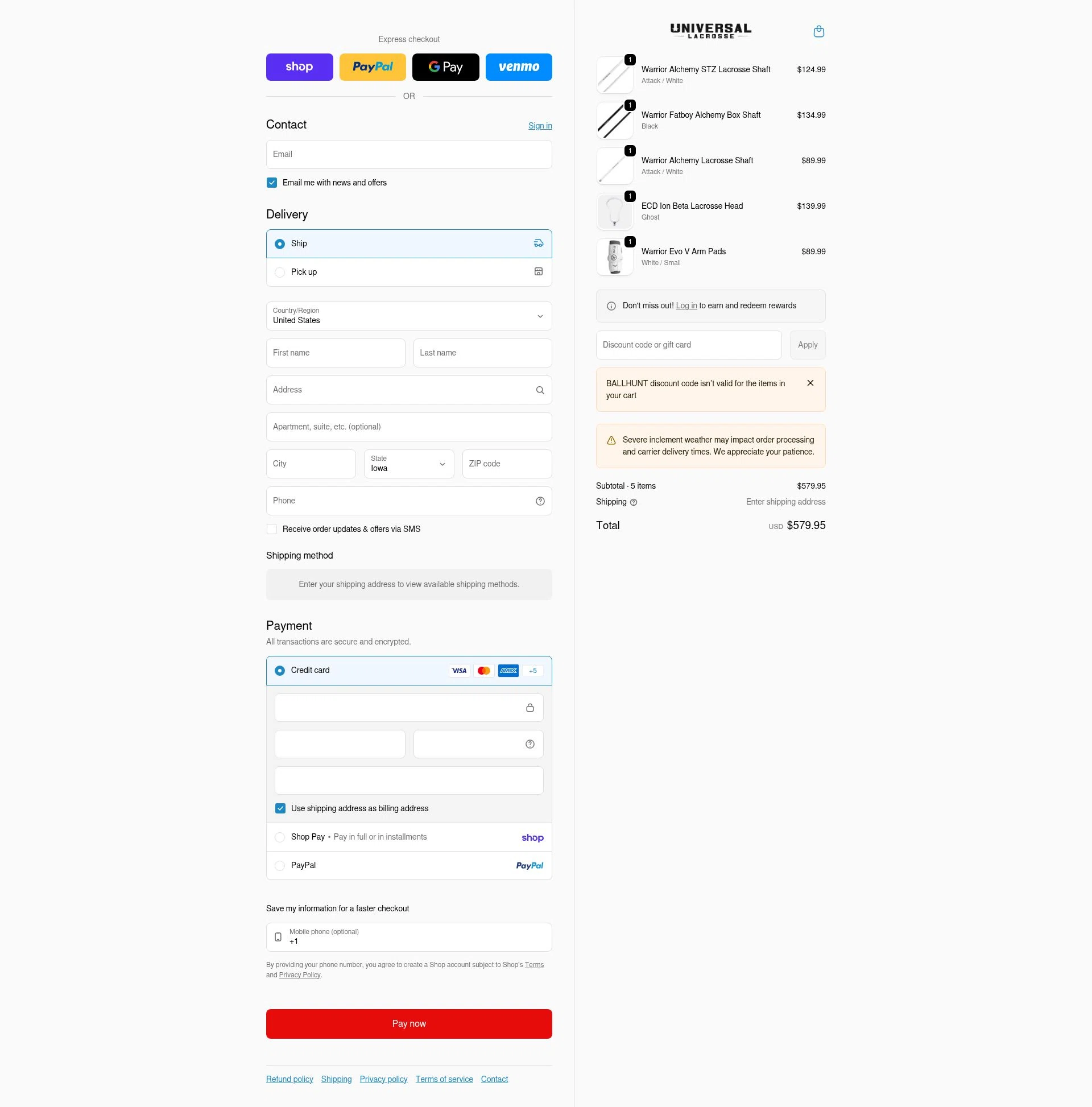 Universal Lacrosse checkout page showing Universal Lacrosse discount code box | Screenshot taken by SimplyCodes community member on Feb 3, 2026