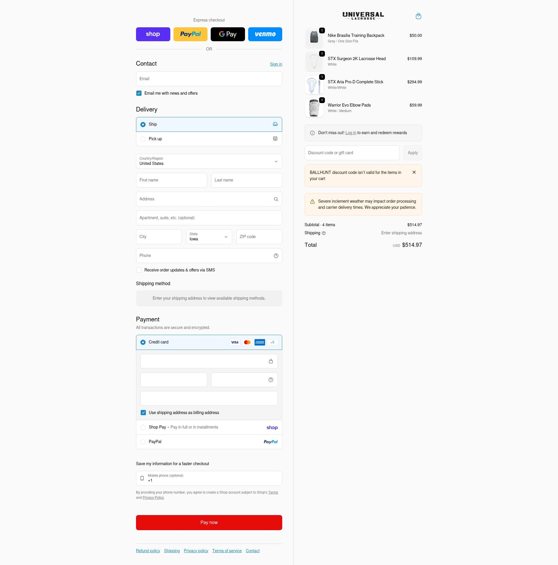 Universal Lacrosse checkout page showing Universal Lacrosse discount code box | Screenshot taken by SimplyCodes community member on Feb 20, 2026