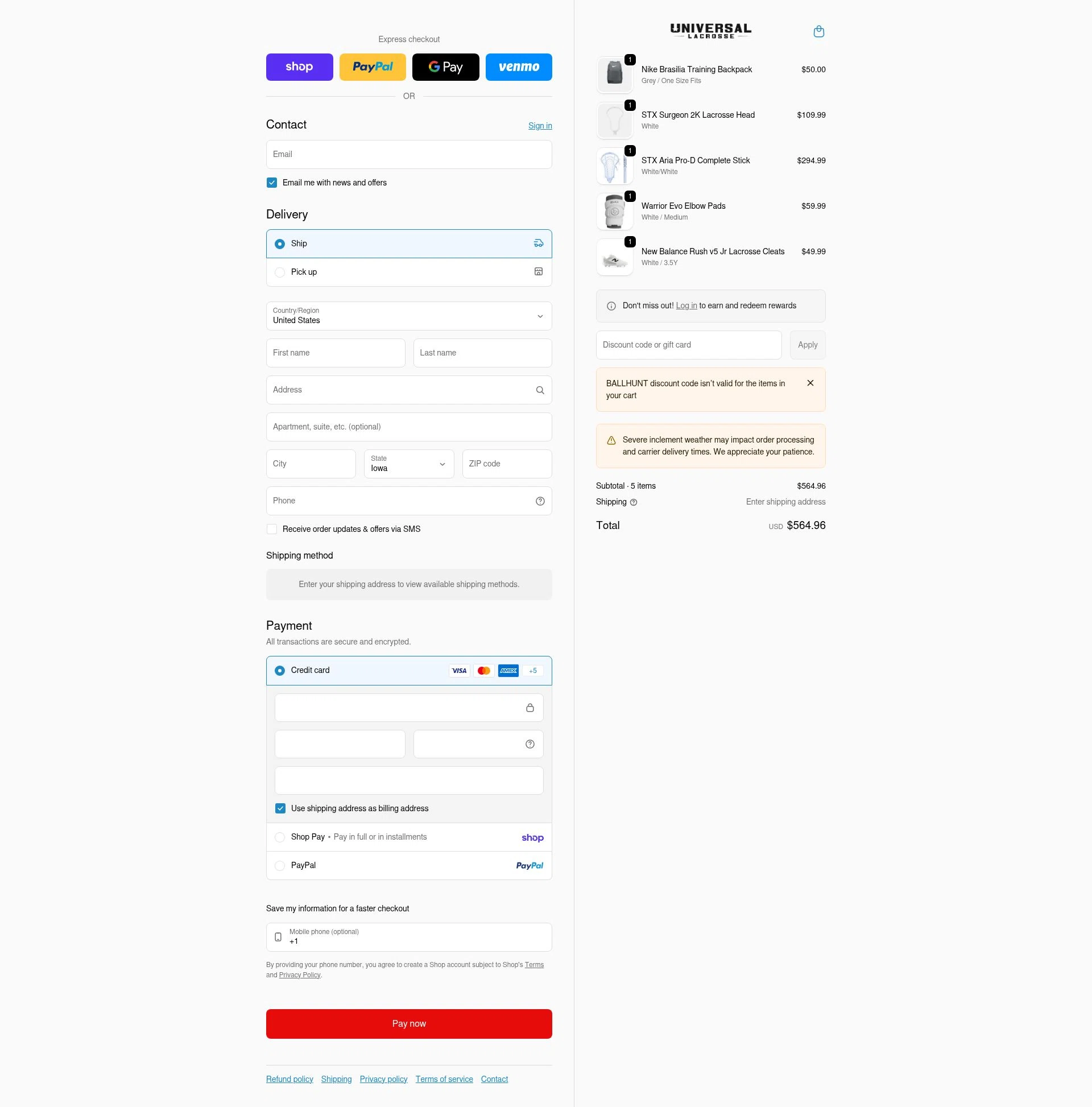Universal Lacrosse checkout page showing Universal Lacrosse discount code box | Screenshot taken by SimplyCodes community member on Feb 11, 2026