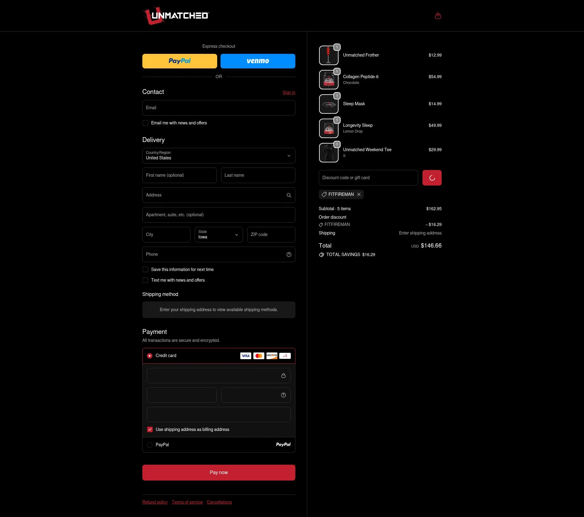 Unmatched Supps checkout page showing Unmatched Supps promo code box | Screenshot taken by SimplyCodes community member on Feb 8, 2026