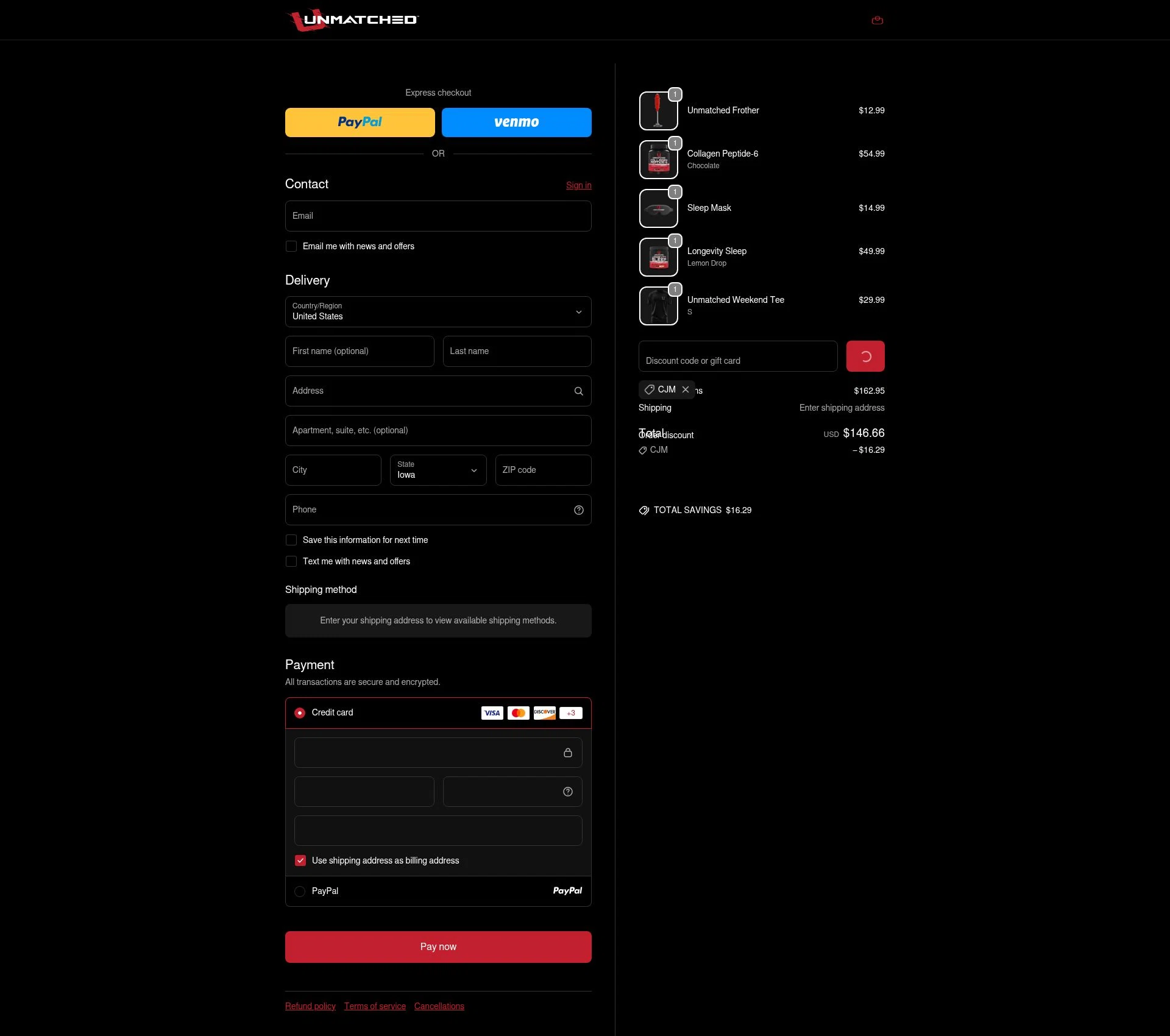 Unmatched Supps checkout page showing Unmatched Supps promo code box | Screenshot taken by SimplyCodes community member on Feb 11, 2026